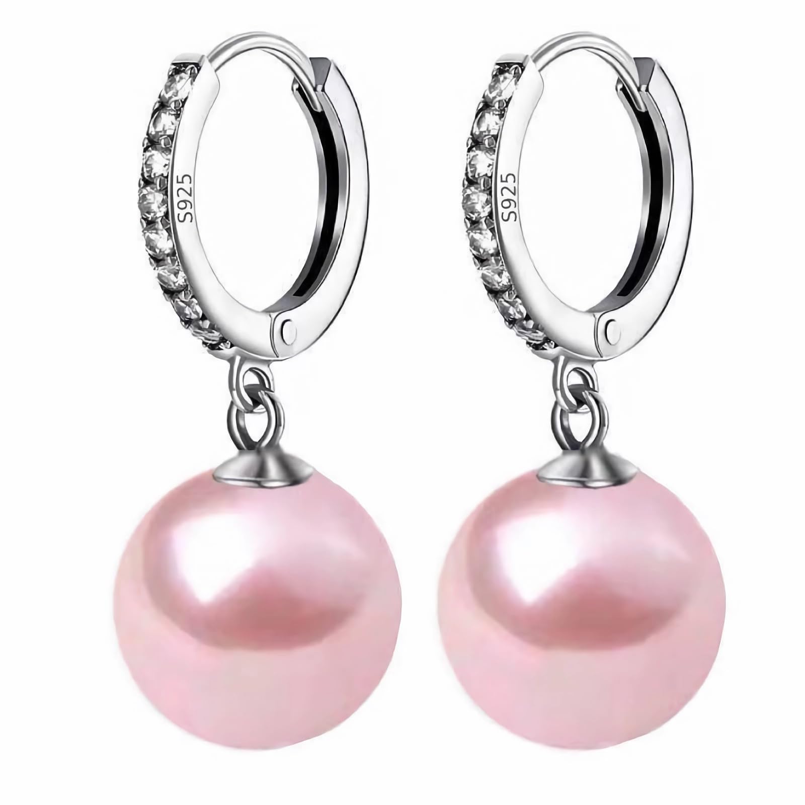 14mm Large Pearl Drop Dangle Earrings for Women - Sterling Silver 18k Gold Plated Hook with Cubic Zirconia & Hypoallergenic White/Pink/Red Pearls - Elegant Party Wedding Jewelry Gift