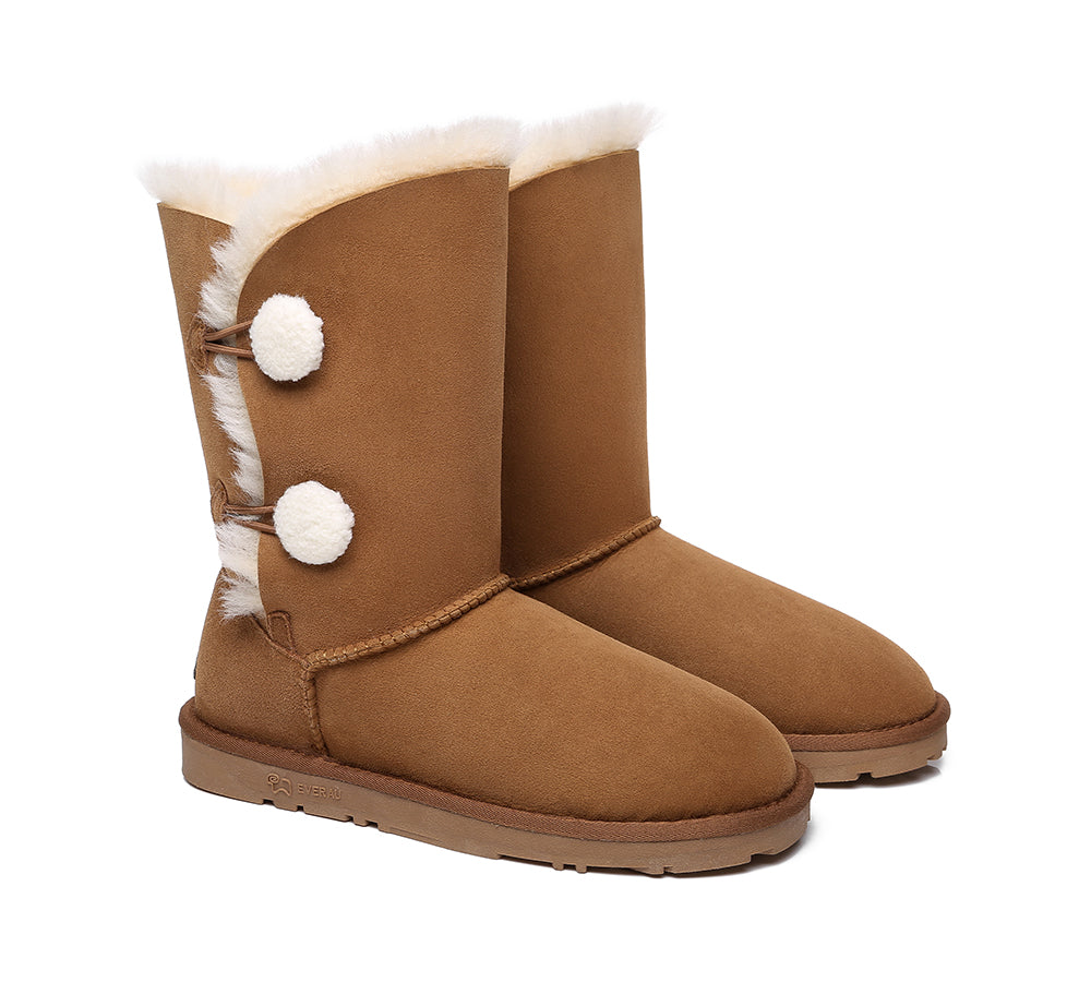 EVERAU® Women's UGG Boots - Genuine Sheepskin & Wool Lined Short Boots with Twin Buttons for Winter Comfort | Perfect for Casual Outfits, Snow Days & Cozy Indoor Wear