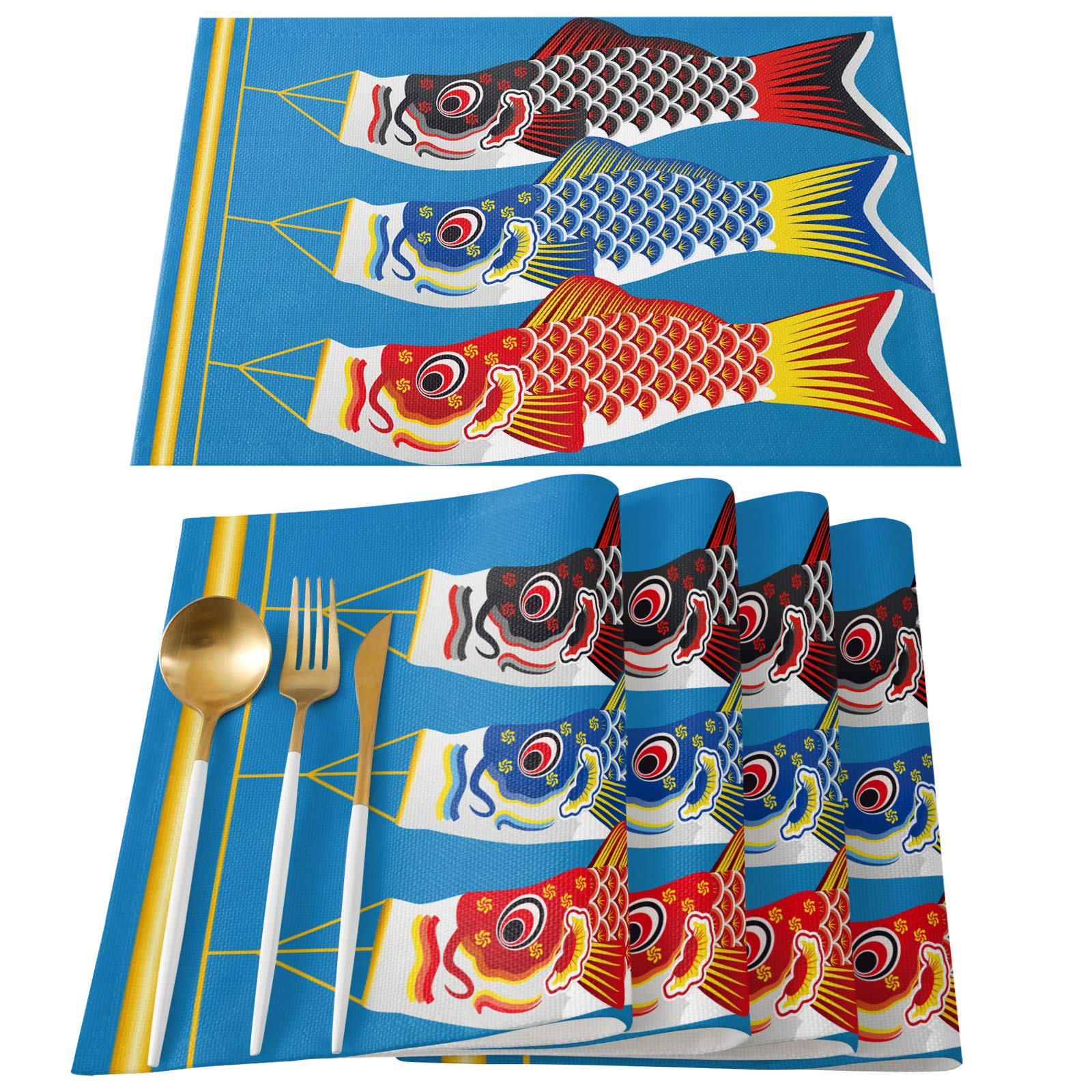Japanese Carp Kite Washable Placemats Set of 4 - 13x19 Inch Blue Table Mats for Dining, Kitchen & Patio | Durable & Wipeable for Boys' Day Celebration, Home Decor & Everyday Use