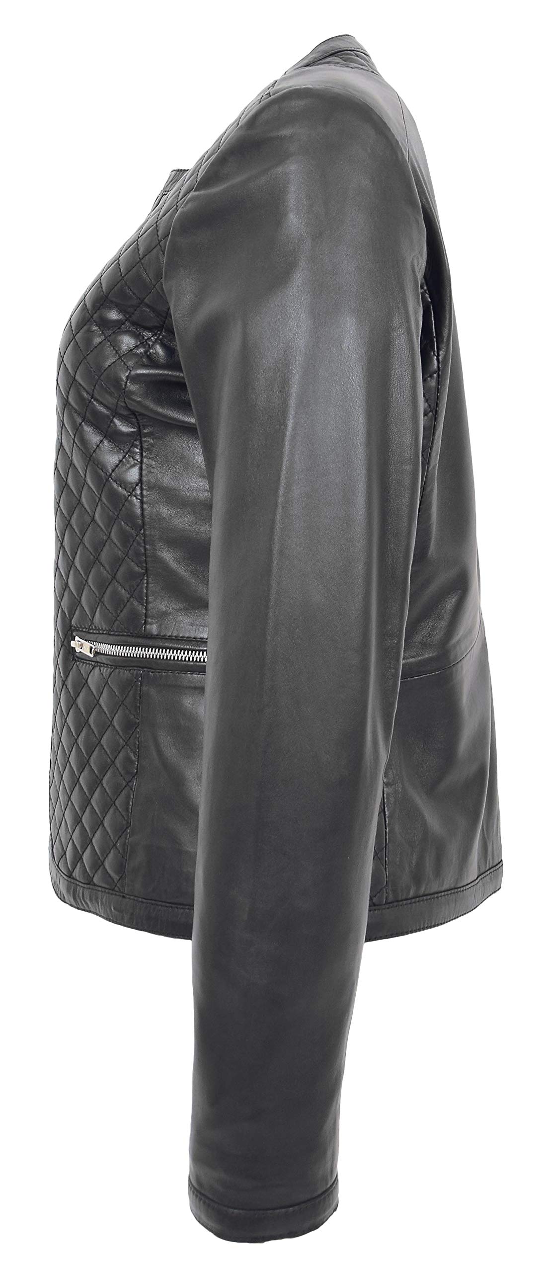 Women's Collarless Soft Black Leather Jacket - Biker Style Fitted Quilted Stitch Design for Motorcycle Riding & Casual Outfits