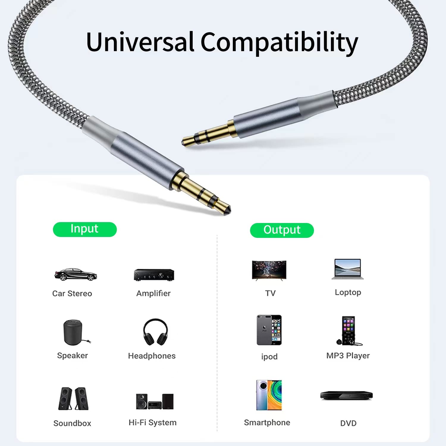 3.5mm Aux Cable [2 Pack 1m & 2m] Braided Male to Male Audio Auxiliary Cord - Hi-Fi Sound Quality for Car Stereo, Home Speaker, Headphones - Compatible with Sony, Echo Dot, Beats, iPod, iPad - Perfect for Road Trips & Home Entertainment Systems