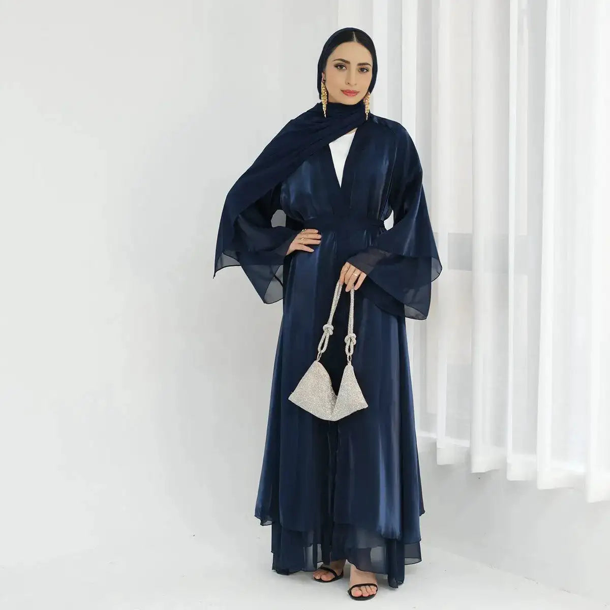 Elegant Reversible 2-Layer Chiffon Open Abaya Dress for Women - Modest Muslim Prayer Dress & Evening Wear