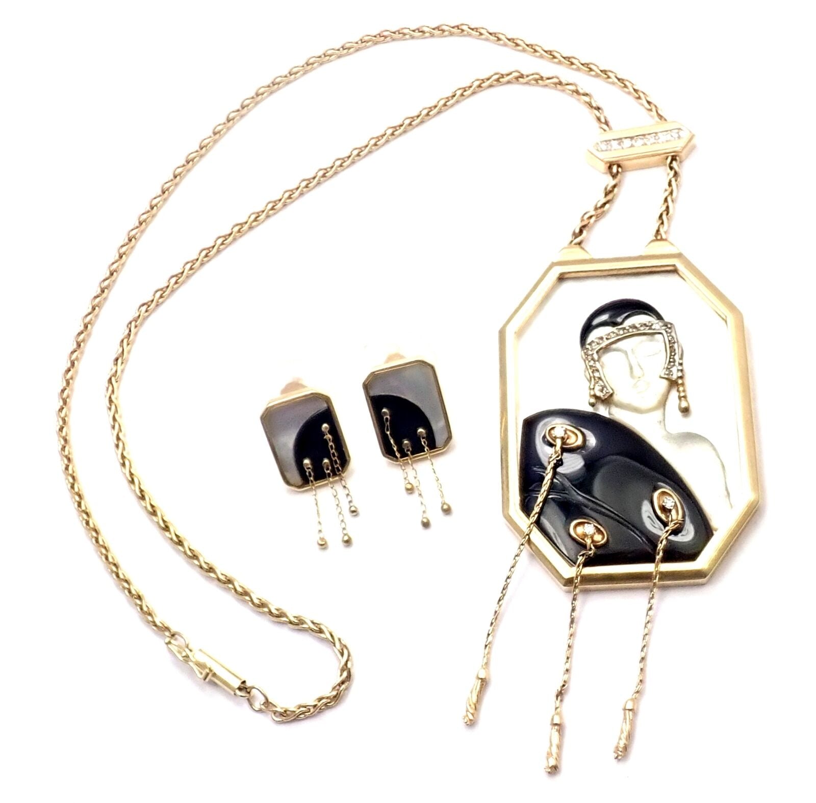 14k Yellow Gold Diamond Onyx Mother of Pearl Necklace & Earrings Set for Women - Elegant Jewelry Gift for Wedding, Anniversary & Special Occasions