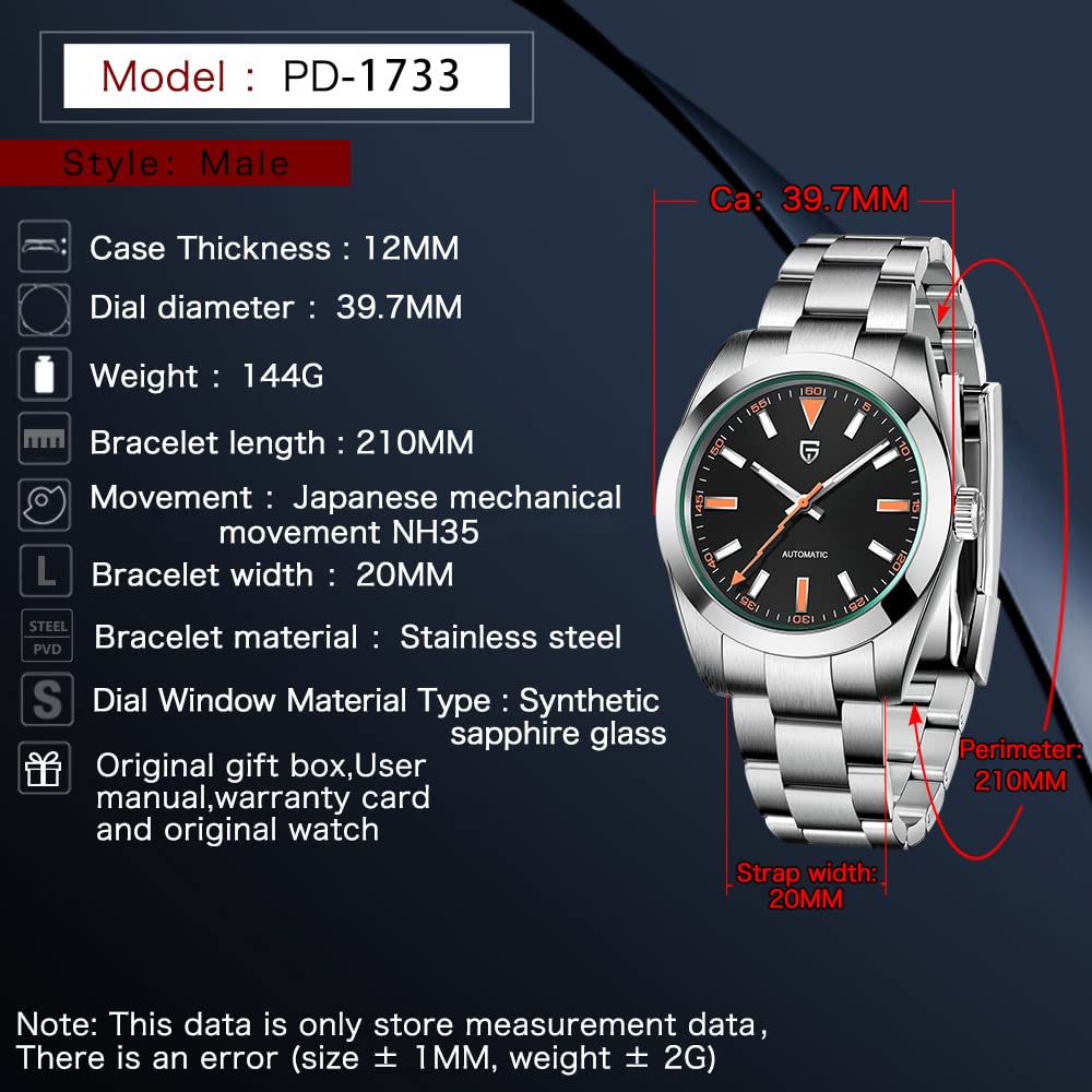 Pagani Design PD-1733 Automatic Men's Watch - 40mm Green Sapphire Glass, AR Coated, NH35A Movement, Waterproof Mechanical Wristwatch for Men | Perfect for Business, Casual Wear & Outdoor Activities