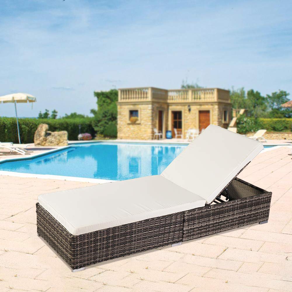 VINGLI Adjustable Wicker Patio Chaise Lounge Chair - All-Weather Rattan Outdoor Daybed with Soft Cushions & Adjustable Backrest - Gray - Perfect for Poolside, Garden, Deck & Patio Relaxation