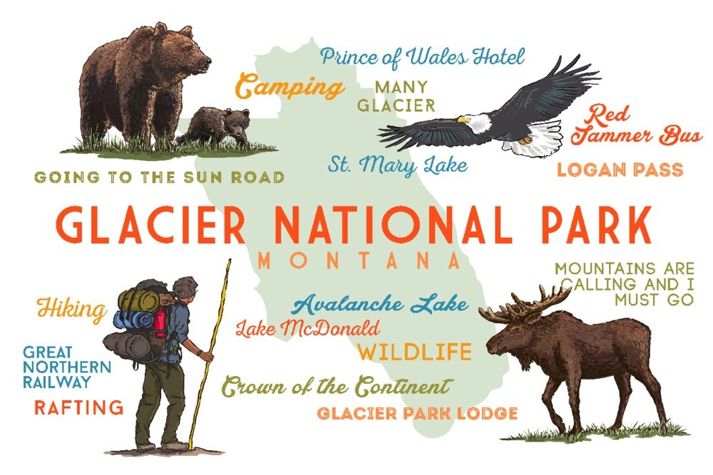 Glacier National Park Montana Landscape Art Print - Signed 24x36 Wall Decor Poster with Typography & Icons | Perfect for Living Room, Office & Cabin Decor
