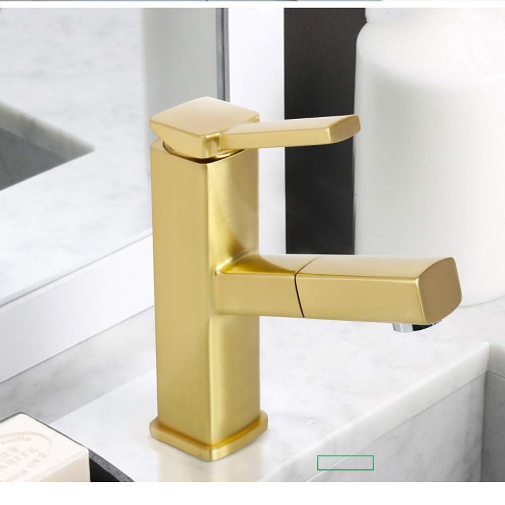 Gold Pull-Out Kitchen Faucet with Swivel Spout - Hot & Cold Water Mixer Tap for Bathroom Sink, Wash Basin - Telescopic Extendable Design for Easy Cleaning - Perfect for Modern Homes & Small Spaces