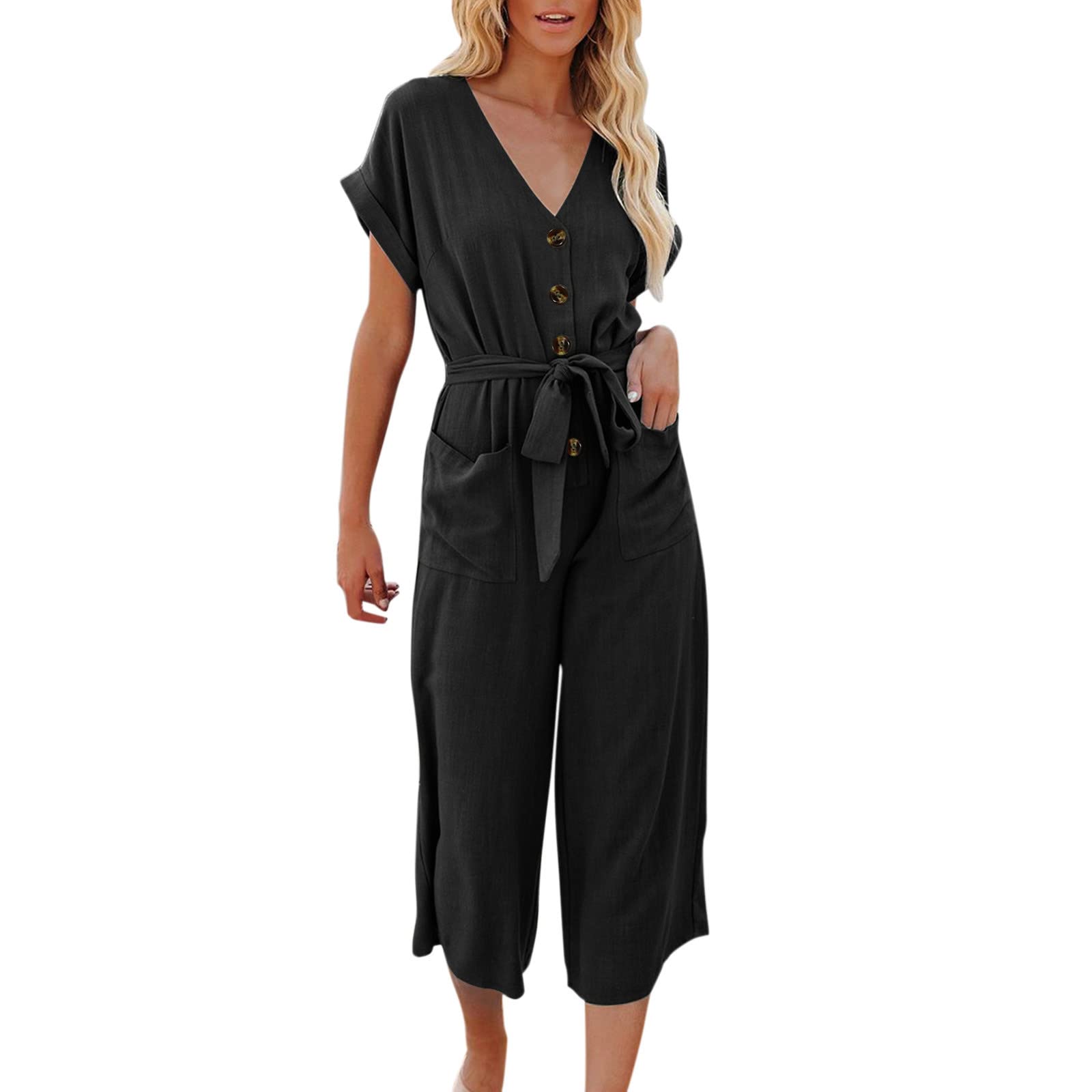 Gibobby Women's Sexy Casual Summer Jumpsuit - Short Sleeve Crewneck Romper with Elastic Waist & Drawstring | Perfect for Beach, Vacation & Summer Outings