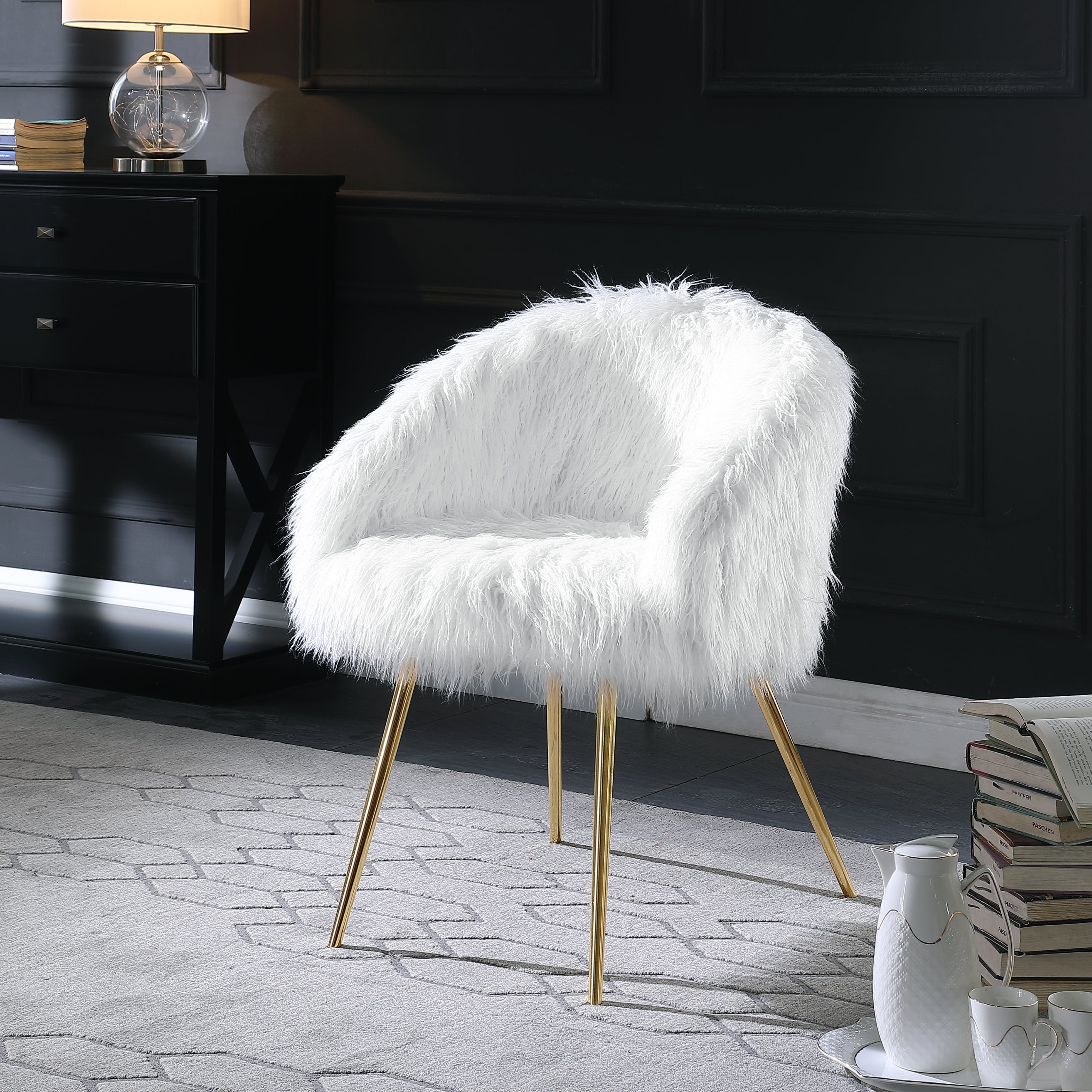 Luxury Faux Fur Accent Armchair with Ottoman - Modern Living Room Chair for Cozy Home Decor, Perfect for Reading Nook or Bedroom Sitting Area