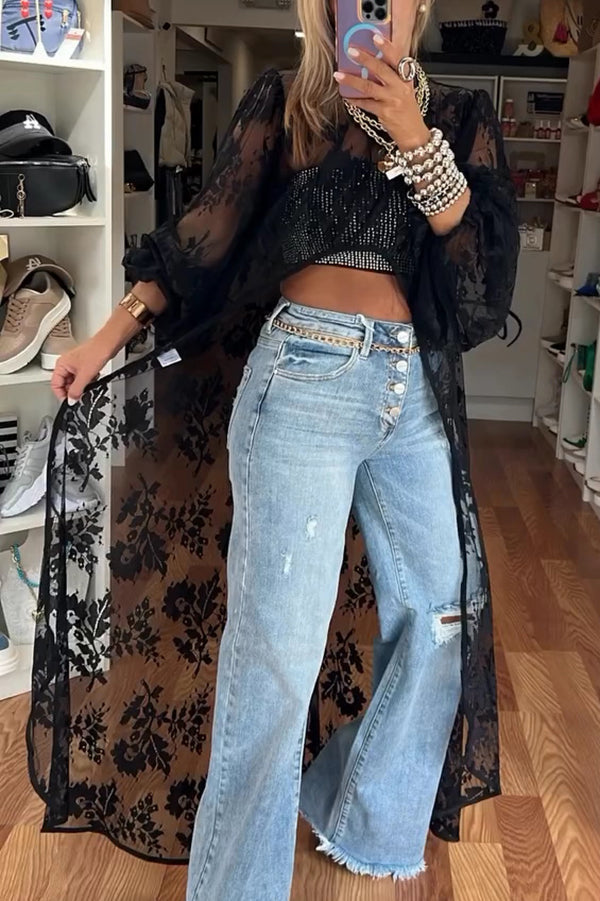 Tanya Lace Pattern Mock Neck Balloon Sleeve High-Low Maxi Top Women's Fashion Blouse | Elegant Lace Design for Parties, Weddings & Special Occasions
