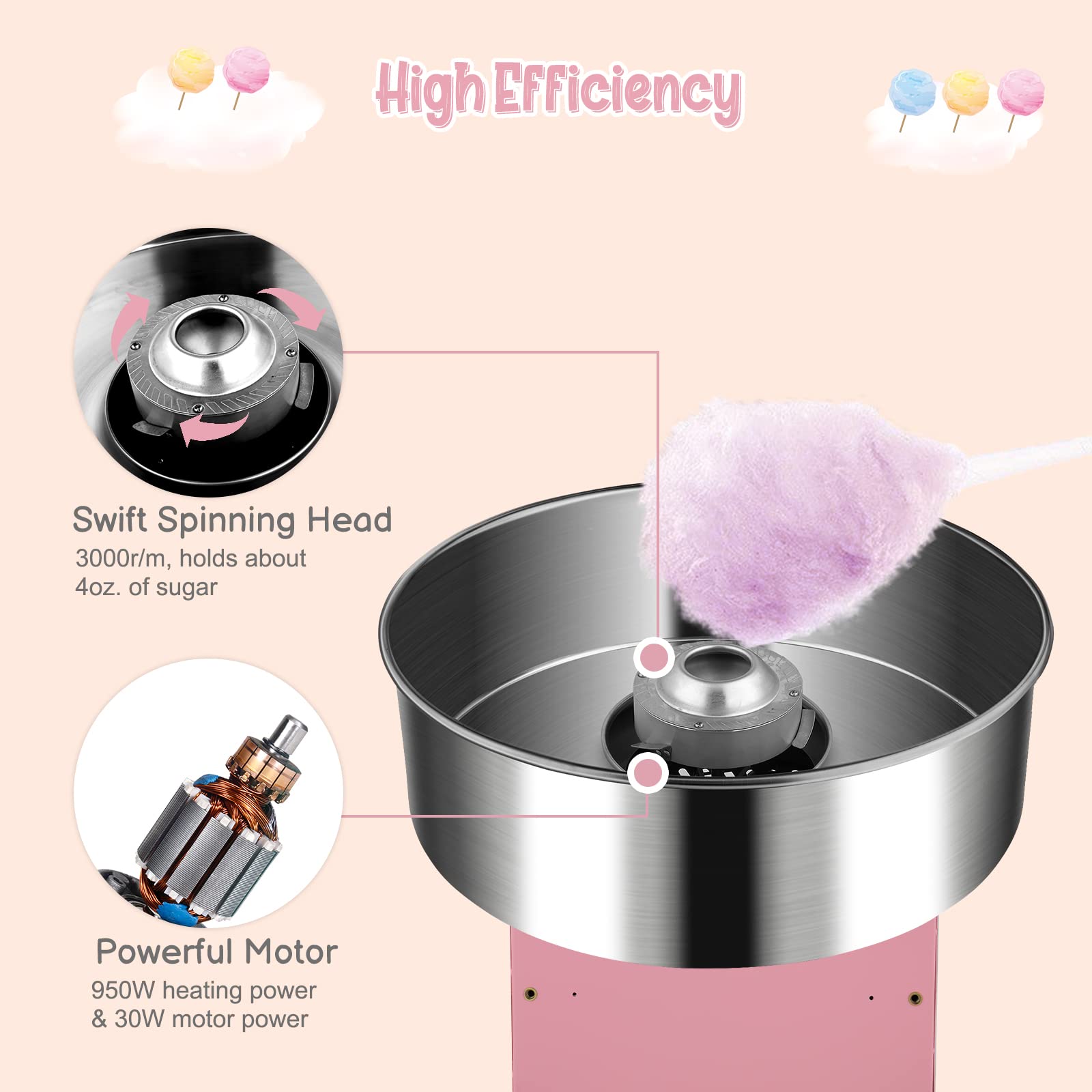 ROVSUN 21 Inch Commercial Cotton Candy Machine - Electric Candy Floss Maker with Stainless Steel Bowl, Cover, Sugar Scoop & Drawer - Perfect for Home, Parties, Carnivals & Events (Pink)