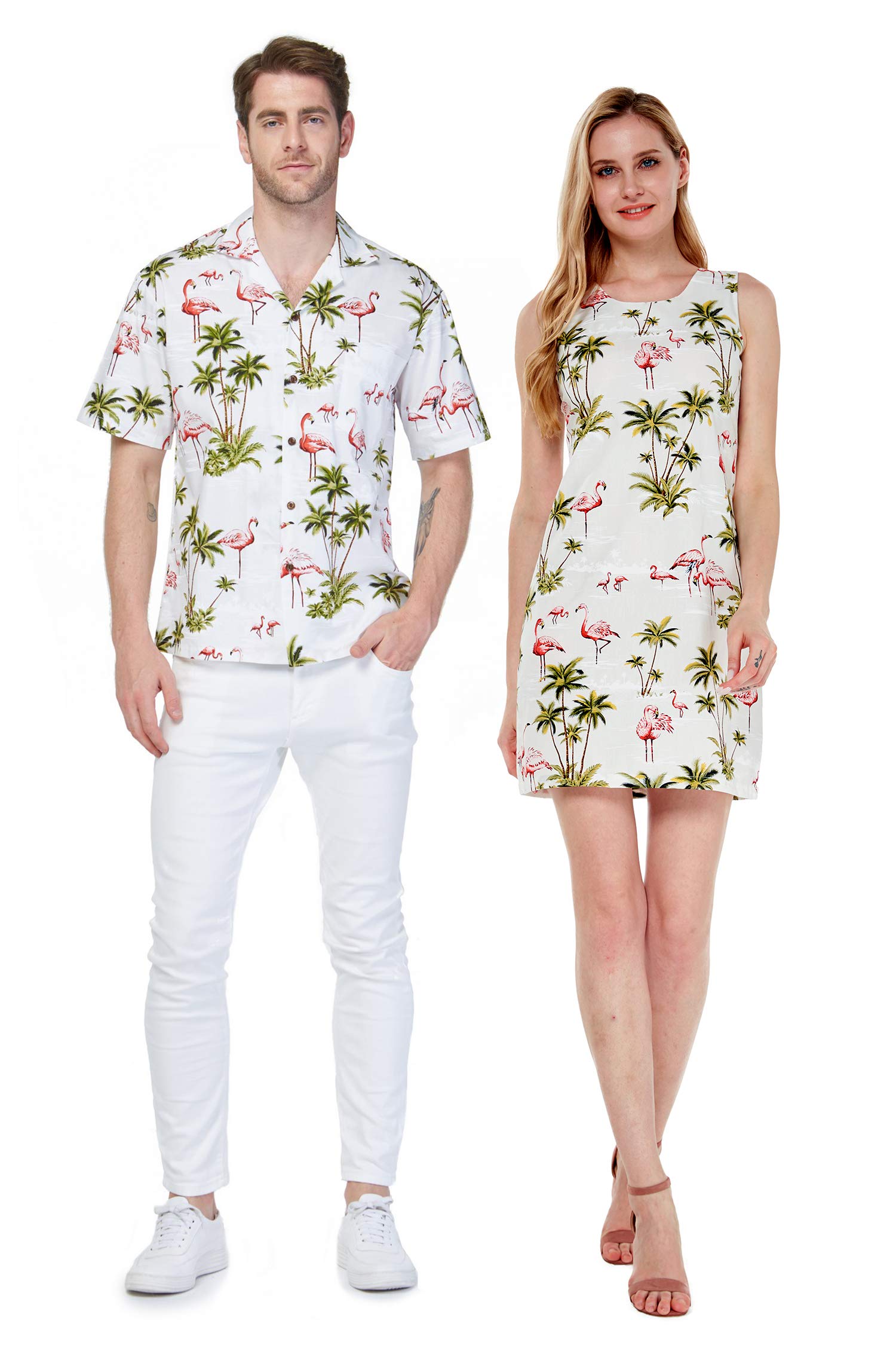 Hawaii Couple Matching Luau Aloha Shirt & Tank Dress Set - Pink Flamingo Print on Turquoise Fabric | Beach Vacation, Summer Party, Hawaiian Theme Outfits
