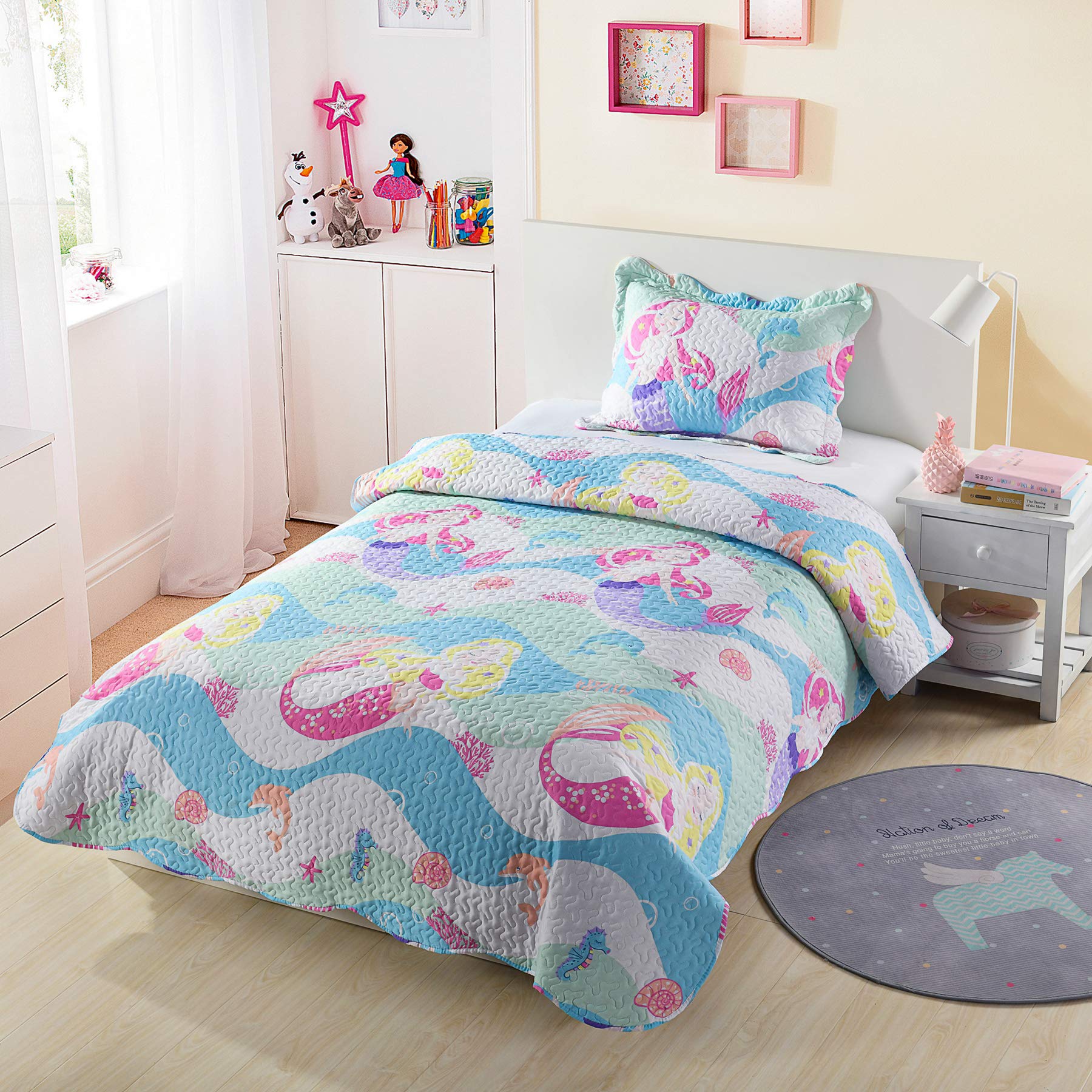 MarCielo 2/3 Piece Kids Bedspread Quilt Set - Twin Size Mermaid Printed Comforter & Throw Blanket for Boys & Girls - Soft Bedding Coverlet for Teens' Room Decor, Sleepovers, and Cozy Nap Time