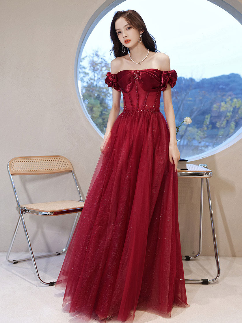 Elegant Burgundy Off Shoulder Tulle Long Prom Dress for Women - Formal Evening Gown for Homecoming, Wedding, Ball & Special Occasions