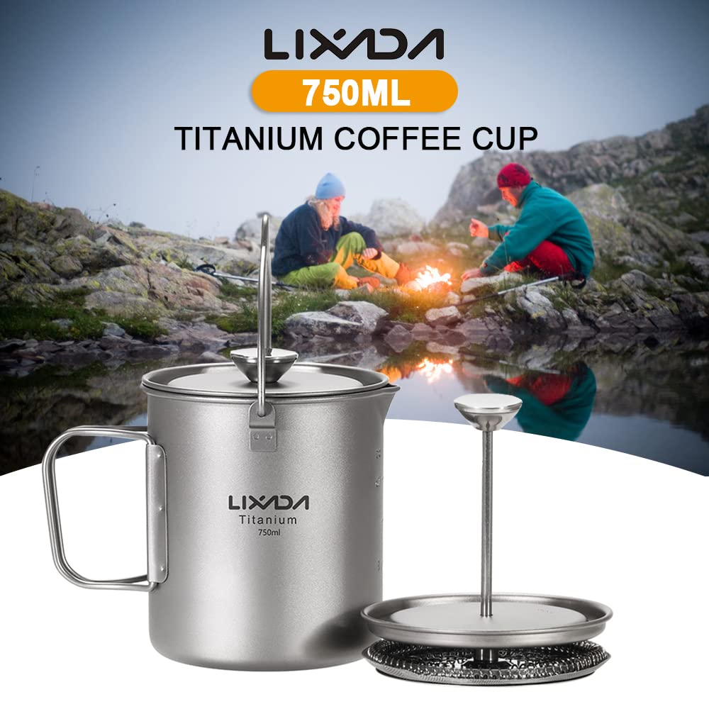 Lixada 750ml Titanium Camping Pot - Lightweight French Press Coffee Maker & Cooking Pot with Folding Titanium Spoon - Perfect for Backpacking, Hiking & Outdoor Adventures