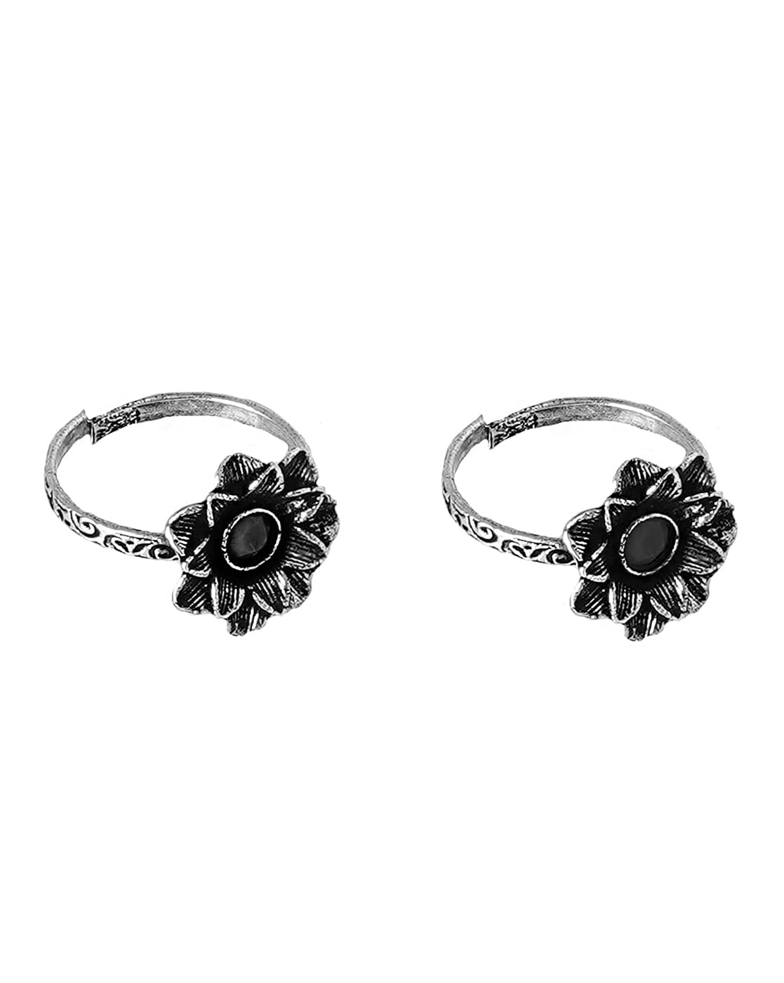 TEEJH Kayra Black Stone Silver Oxidized Toe Rings for Women – Elegant Boho Jewelry for Beach, Summer & Festival Outfits