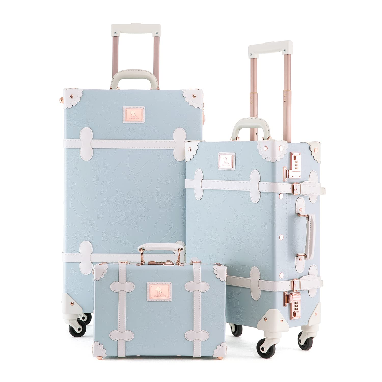Vintage 3-Piece Hardshell Luggage Set with Train Bag - Retro Embossed Blue Suitcase (26