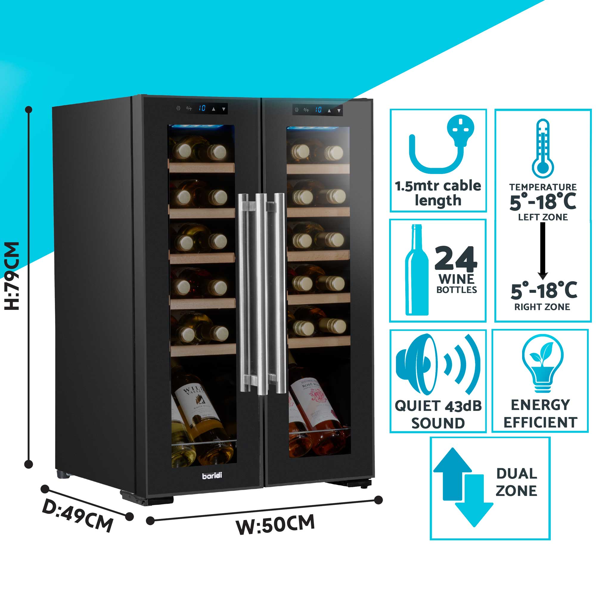 Baridi 24 Bottle Dual Zone Wine Cooler Refrigerator - Touch Screen Control, LED Lighting & Mirror Glass Door - Perfect for Home, Office, or Restaurant Wine Storage (Model DH97)