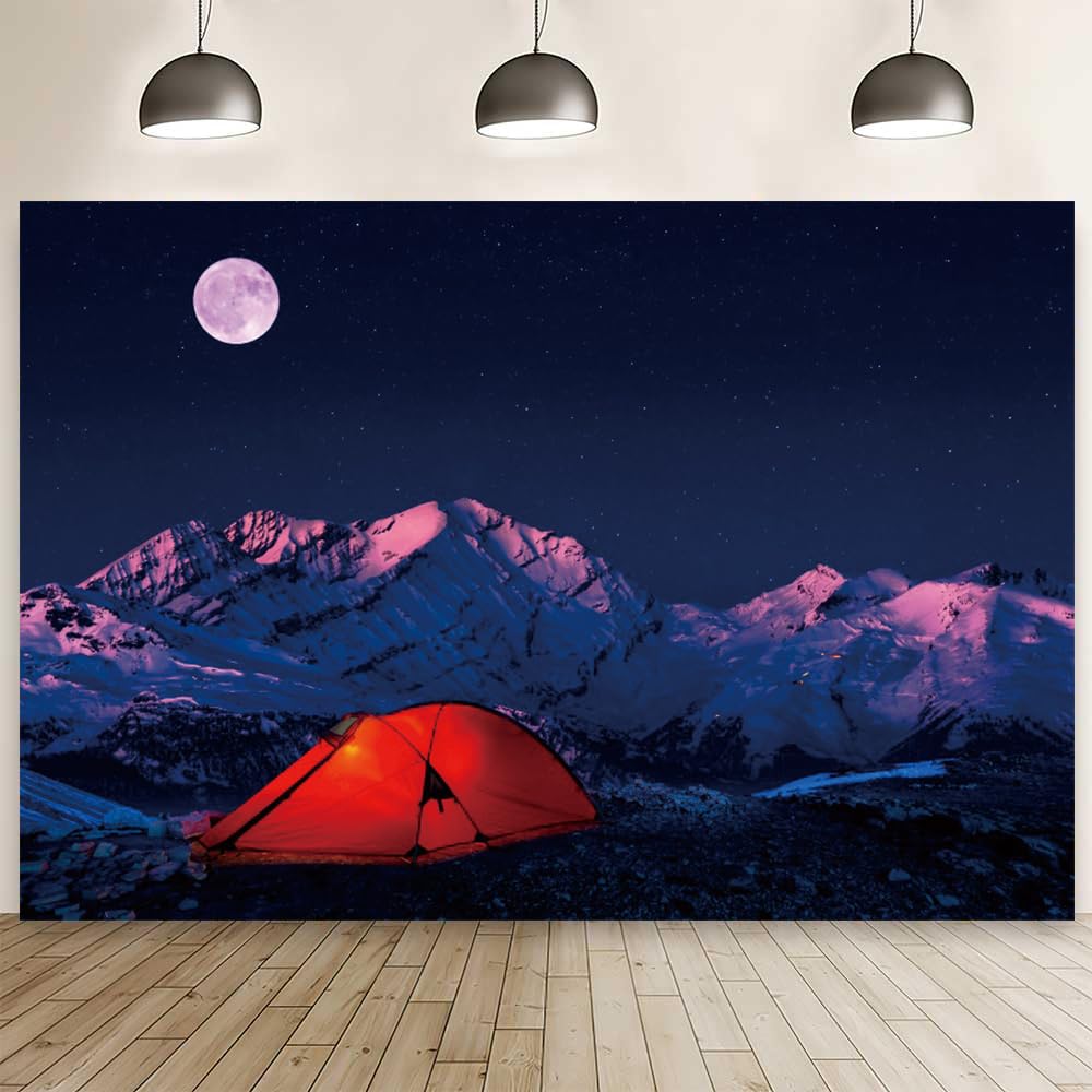 20x10ft Camping Backdrop - Snow Mountain Night Scene Photography Background with Red Tent & Moon for Outdoor Adventure, Hiking Camping Party, Photo Studio Props | Perfect for Social Media, YouTube Videos, and Themed Events