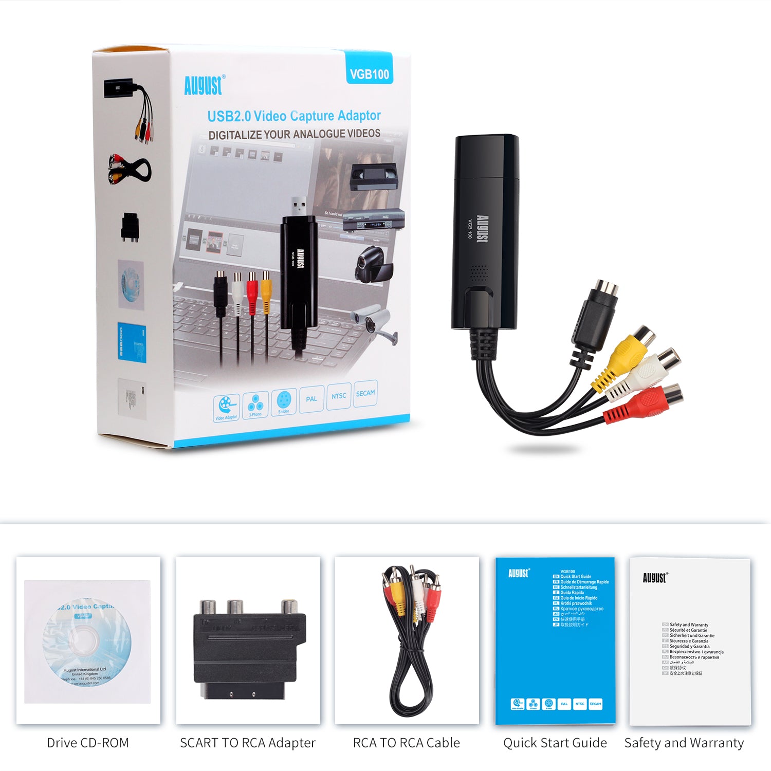 VHS to DVD Converter - VHS Video Capture Card for Windows, Digital Video Grabber for VHS & Hi8 Tapes - August VGB100 - Perfect for Digitizing Home Movies & Archiving Old Videos