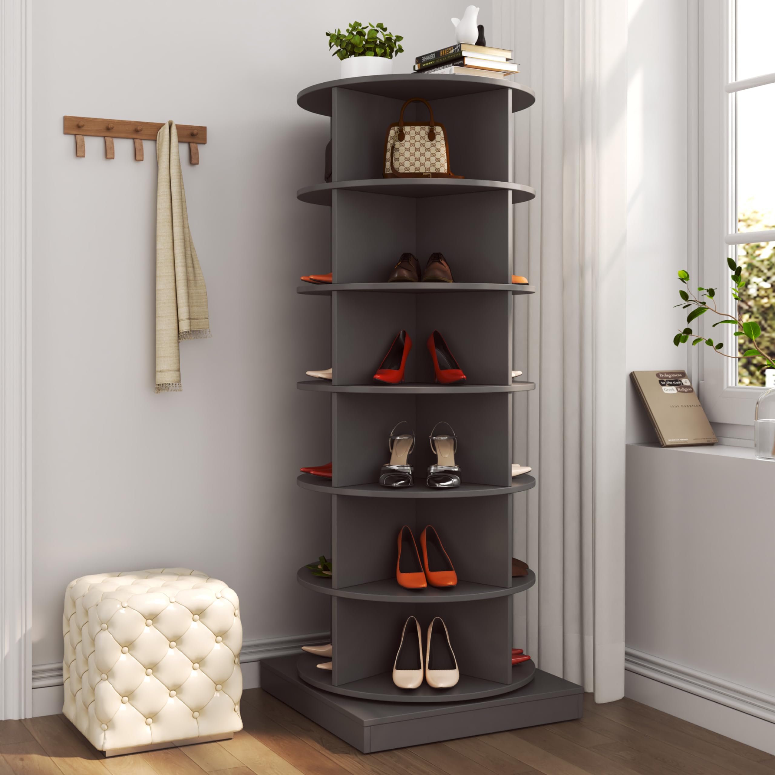 360° Rotating Shoe Rack - 6-Tier Free Standing Spinning Shoe Organizer with Wooden Frame, Holds 24 Pairs - Modern Grey Shoe Storage Cabinet for Closet, Entryway, Living Room - Perfect for Small Spaces & Shoe Lovers