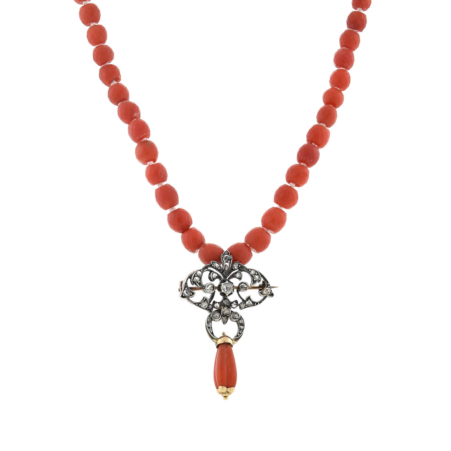 Victorian Style 15kt Gold & Silver Diamond Pin Pendant with Natural Coral Beaded Necklace - Elegant Jewelry for Weddings, Parties & Special Occasions
