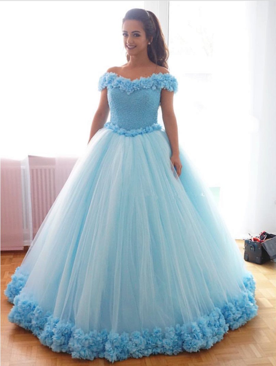 Sparkling Sequins Beaded Corset Tulle Ball Gown - Off Shoulder Wedding Dress with Floral Details for Brides, Prom, Quinceañera & Special Occasions
