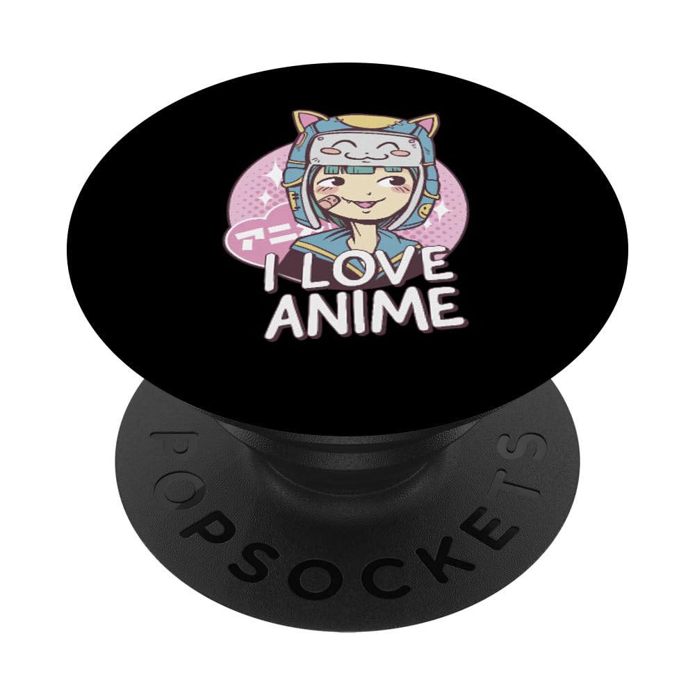 Anime Girl Kawaii Style PopSockets - Cute I Love Anime Quote Graphic PopGrip for Phone Stand & Grip | Perfect for Anime Fans, Students, Office Workers