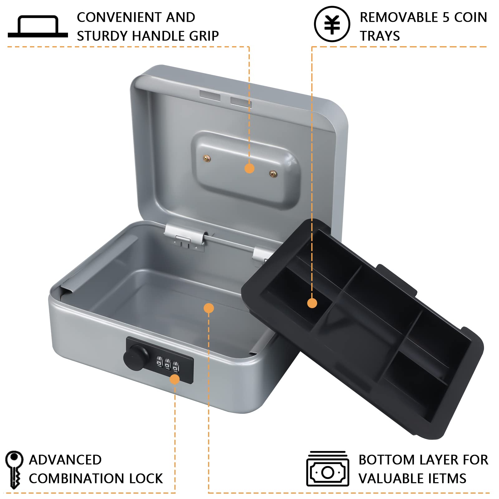 KYODOLED Medium Cash Box with Combination Lock - 7.87x6.30x3.54 Inch Metal Money Safe with Tray, Light Grey | Secure Storage for Home, Office, Retail & Events