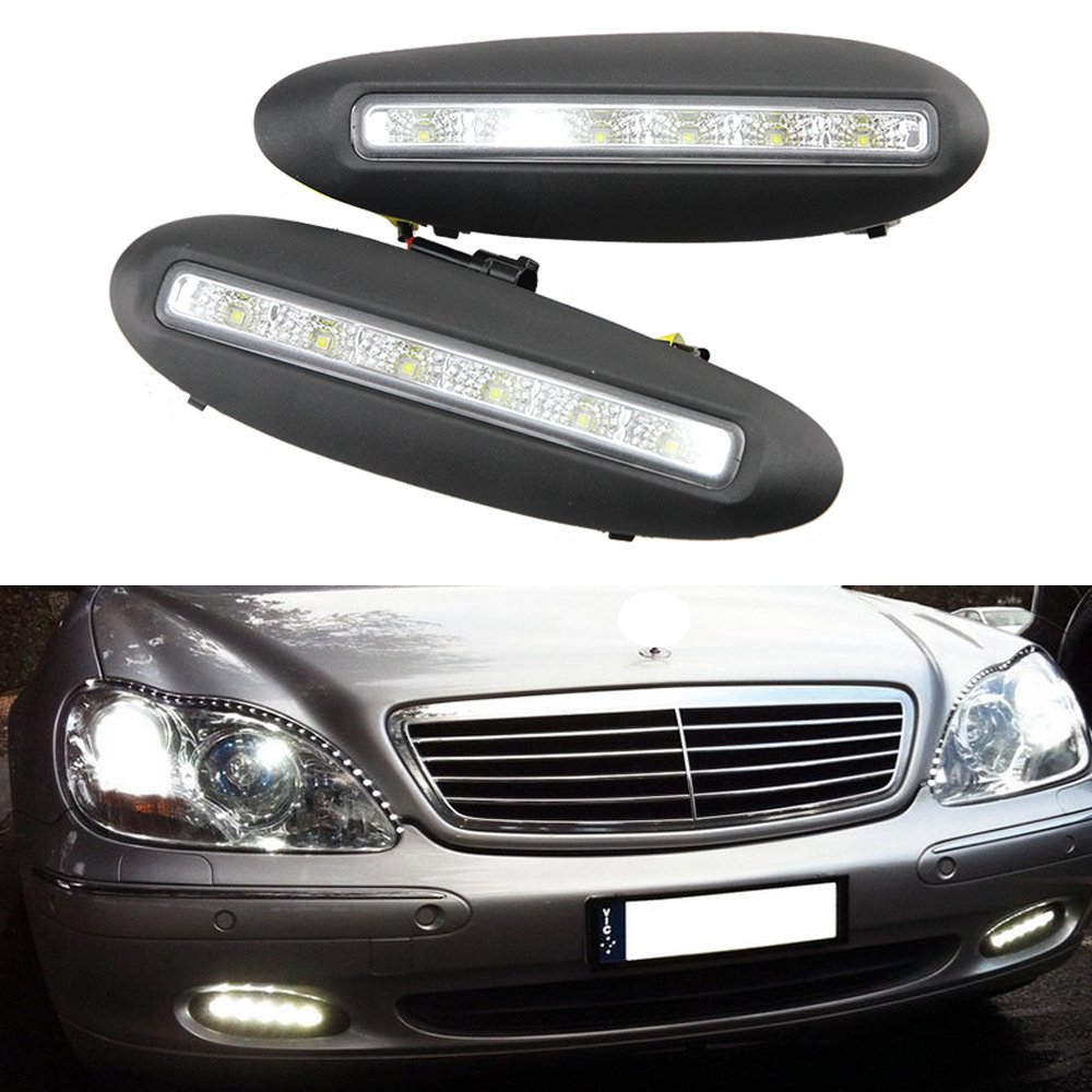 NSLUMO DRL LED Running Light Assembly for 1998-2001 Mercedes-Benz W220 S-Class | 6000K Xenon White LED Daytime Running & Fog Lights Kit | Pre-Facelift Model Upgrade for Enhanced Visibility & Style