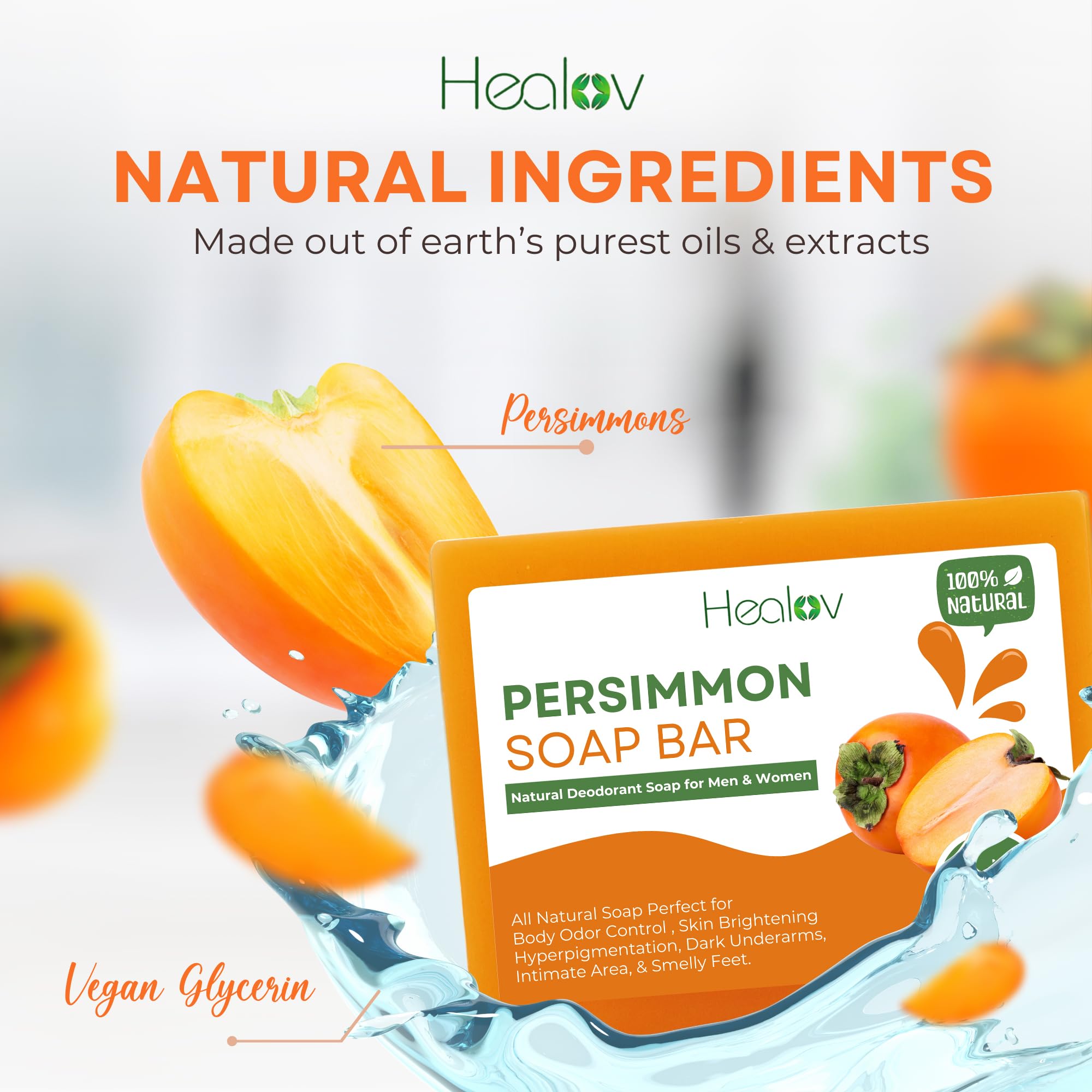 Natural Persimmon Soap Bar for Body Odor Control - Purifying Deodorizing Face & Body Wash for Men & Women - Skin Brightening & Hyperpigmentation Treatment - Ideal for Gym, Travel & Daily Hygiene