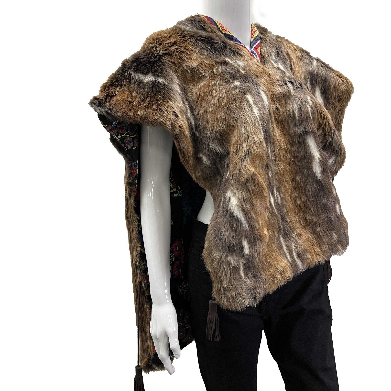 Etro FW 22-23 Faux Fur Nomad Vest Jacket - Brown One Size Poncho Cape for Women | Winter Fashion Outerwear, Boho Chic Style, Party & Holiday Outfit