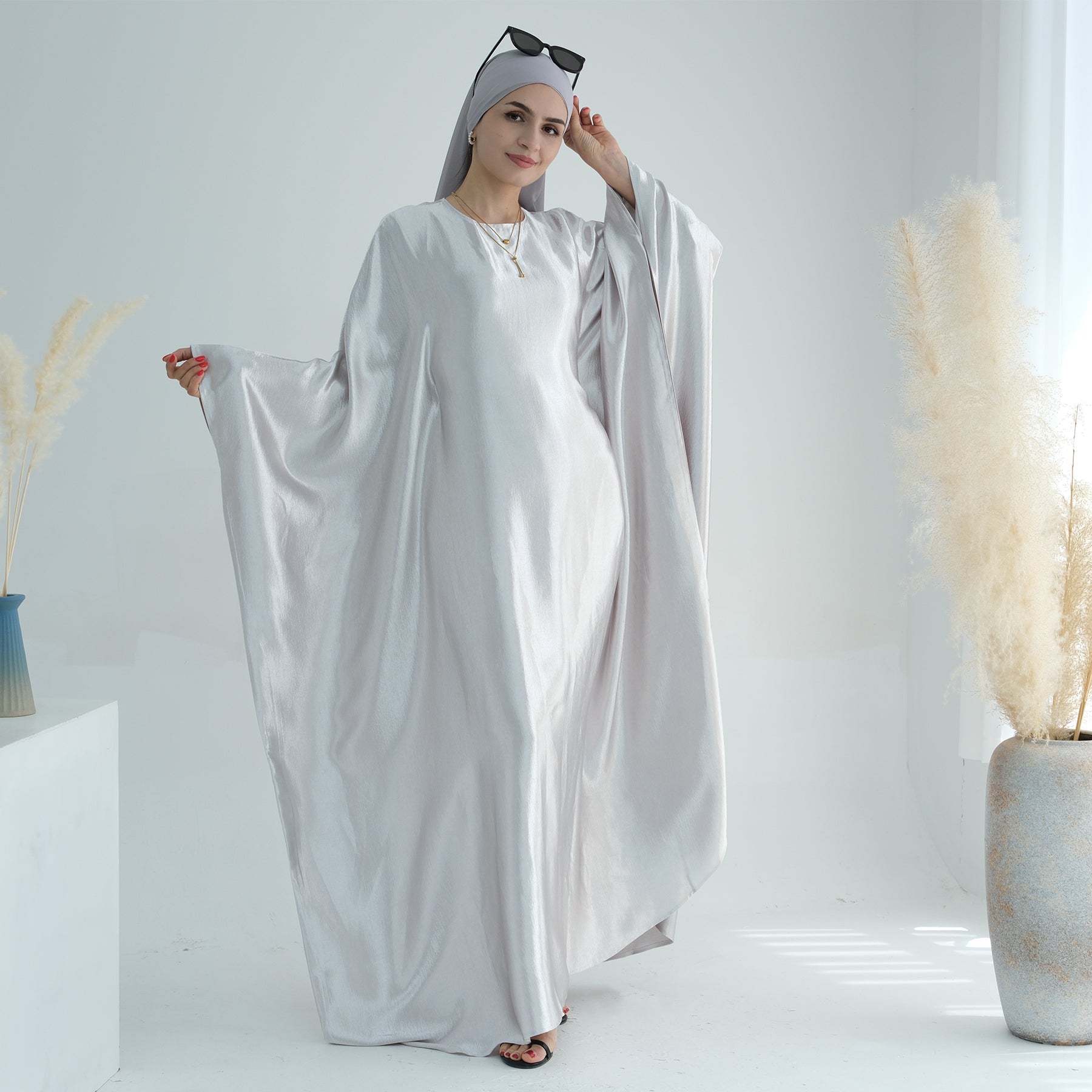 Elegant Alisha Butterfly Satin Abaya Dress for Women - Modest Muslim Prayer Dress - Perfect for Eid, Ramadan, and Special Occasions