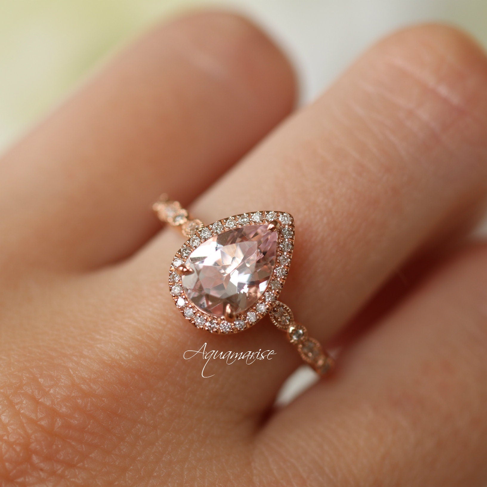 Luxury Teardrop Morganite Engagement Ring - 14K Solid Rose Gold Wedding Band for Women, Perfect for Proposals, Anniversaries & Bridal Jewelry Gifts
