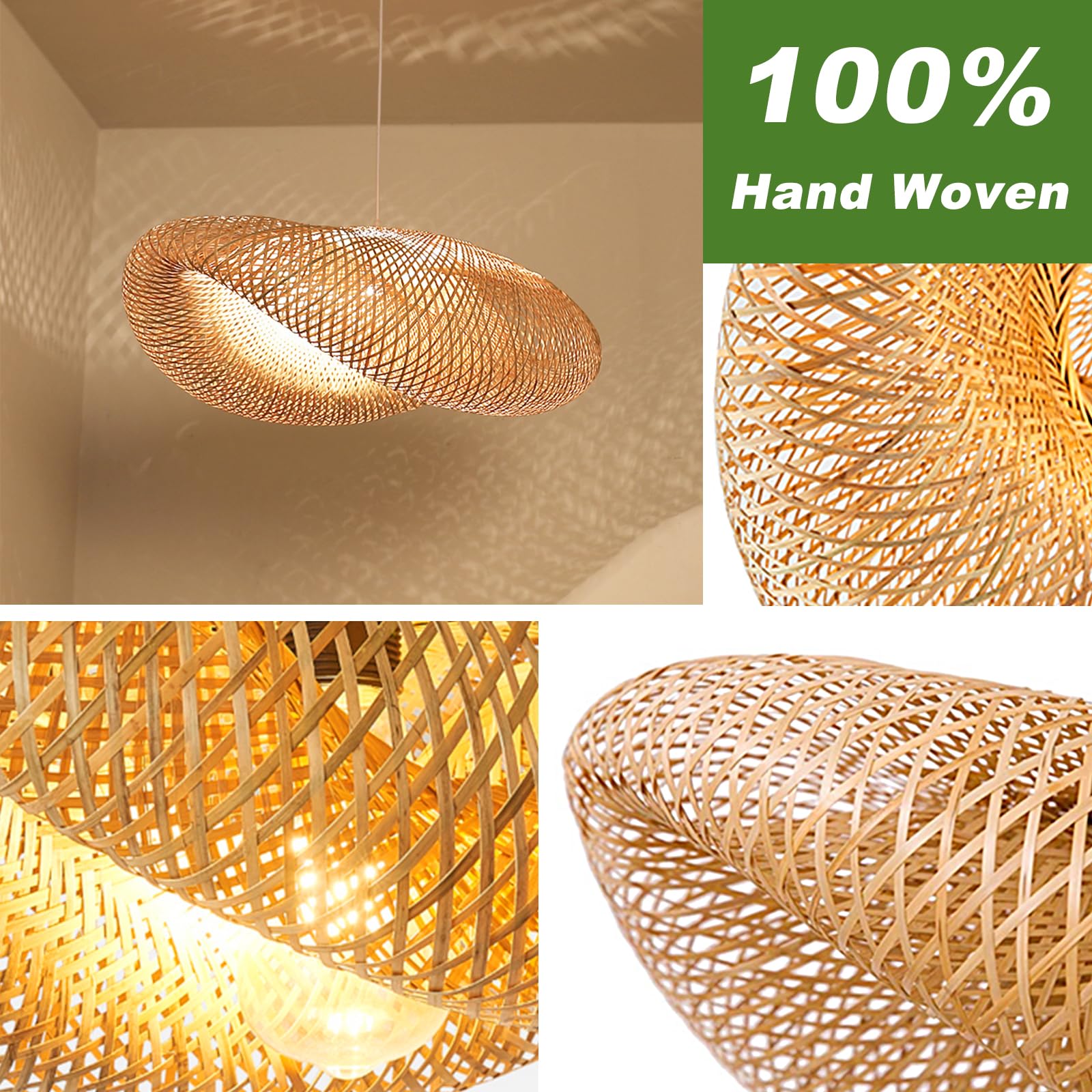 Farmhouse Bamboo Pendant Light Fixtures - Adjustable Rattan Chandelier for Kitchen Island, Living Room & Dining Room | Rustic Ceiling Hanging Lamp with Bird's Nest Design | Perfect for Bedroom, Entryway & Home Decor | Creates Cozy Ambiance for Family Gatherings