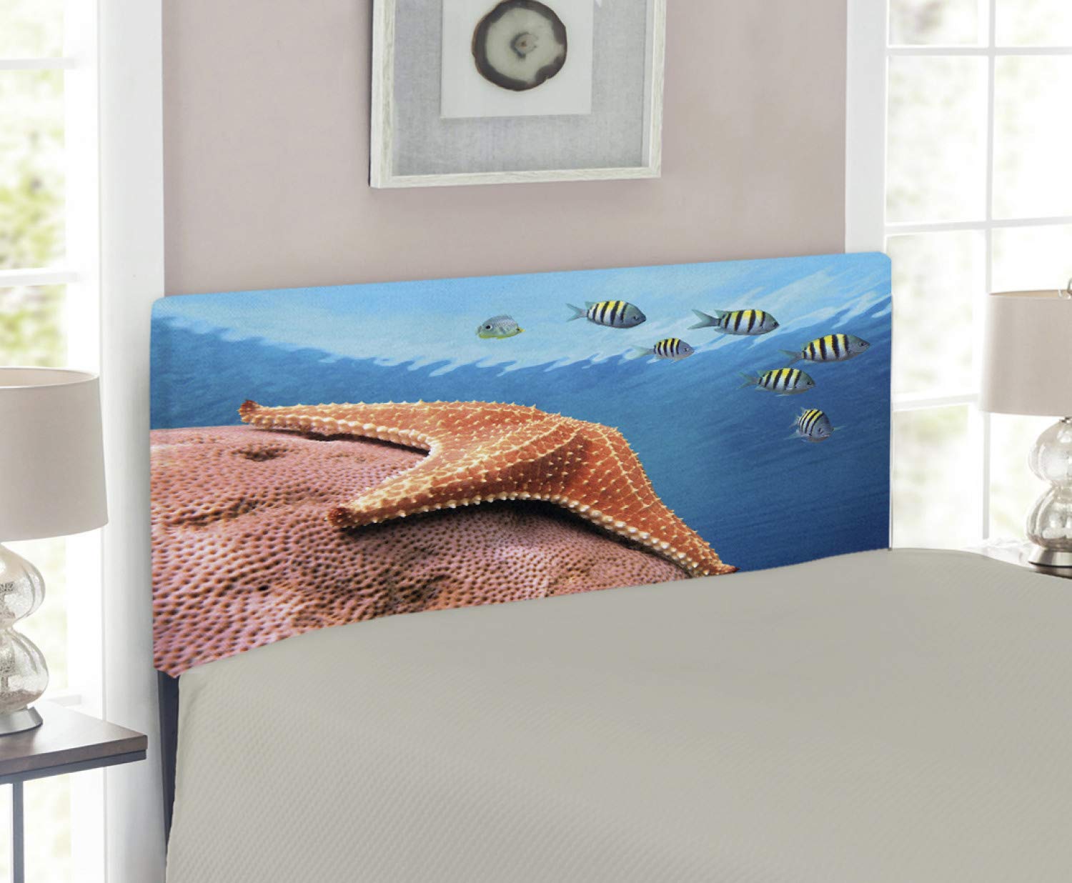 Ambesonne Starfish Upholstered Metal Headboard with Memory Foam - Twin Size Multicolor Caribbean Sea Coral & Damselfish Design - Perfect for Beach Theme Bedrooms & Coastal Decor