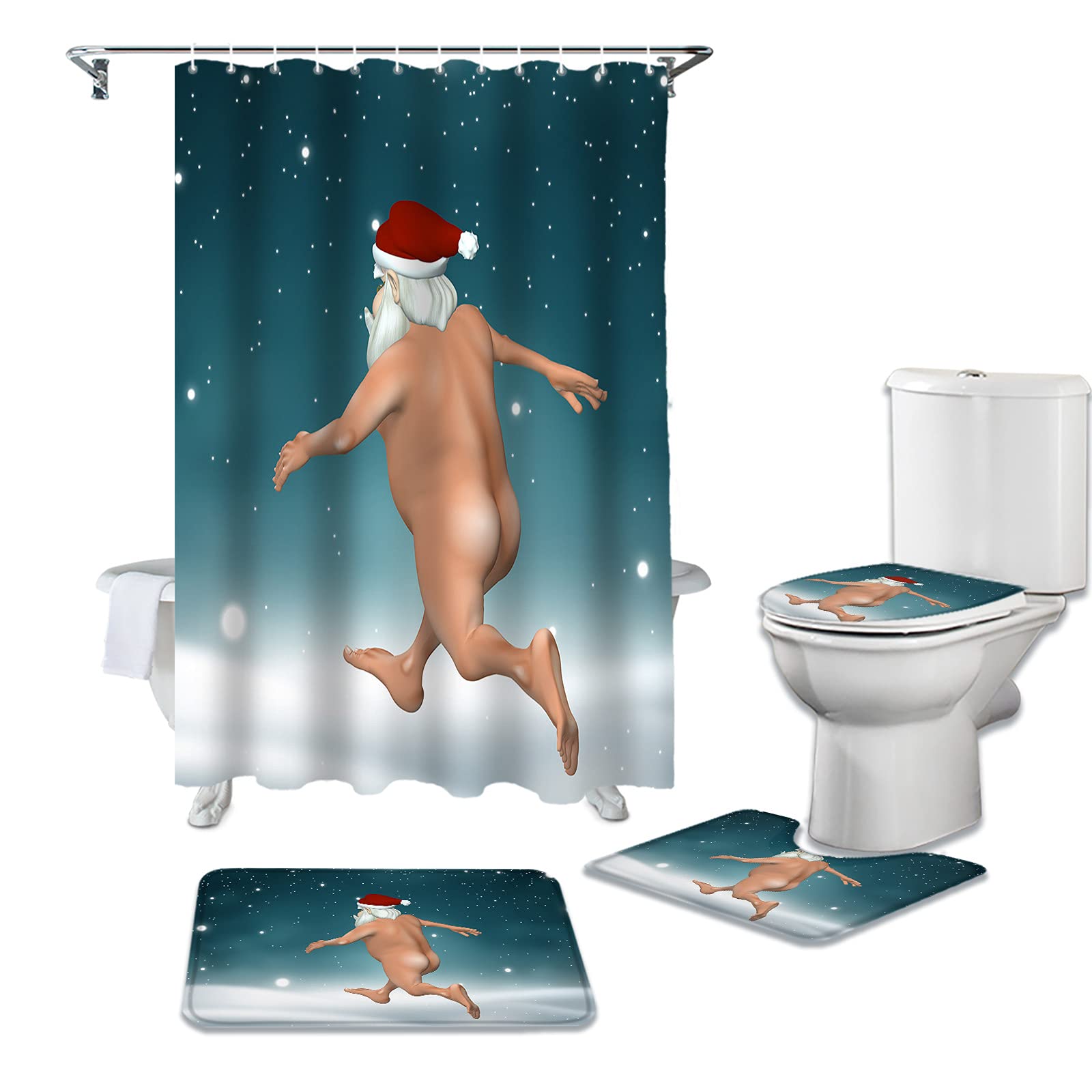 4-Piece Bathroom Set - Ombre Blue & Grey Christmas Santa Shower Curtain with Hooks, Non-Slip Rugs, Toilet Cover & U-Shaped Mat - Waterproof Home Decor for Holiday Bathroom Decorating - Perfect for Christmas Gifts & Festive Bathroom Upgrades