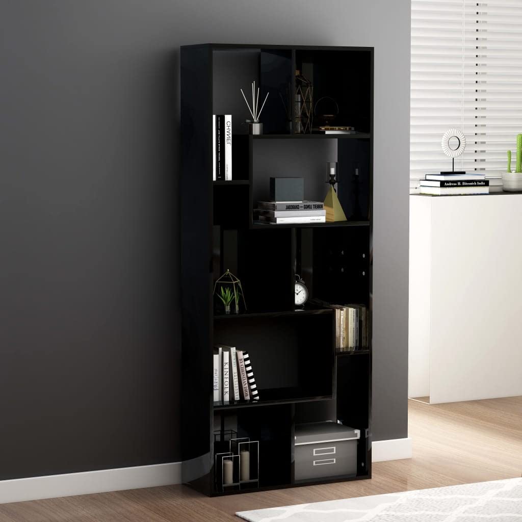 5-Shelf Bookcase Room Divider - Modern S-Shaped Freestanding Bookshelf with 8 Storage Cubes, High Gloss Black Home Office Organizer - Perfect for Living Room, Bedroom, Study & Workspace Storage Solutions