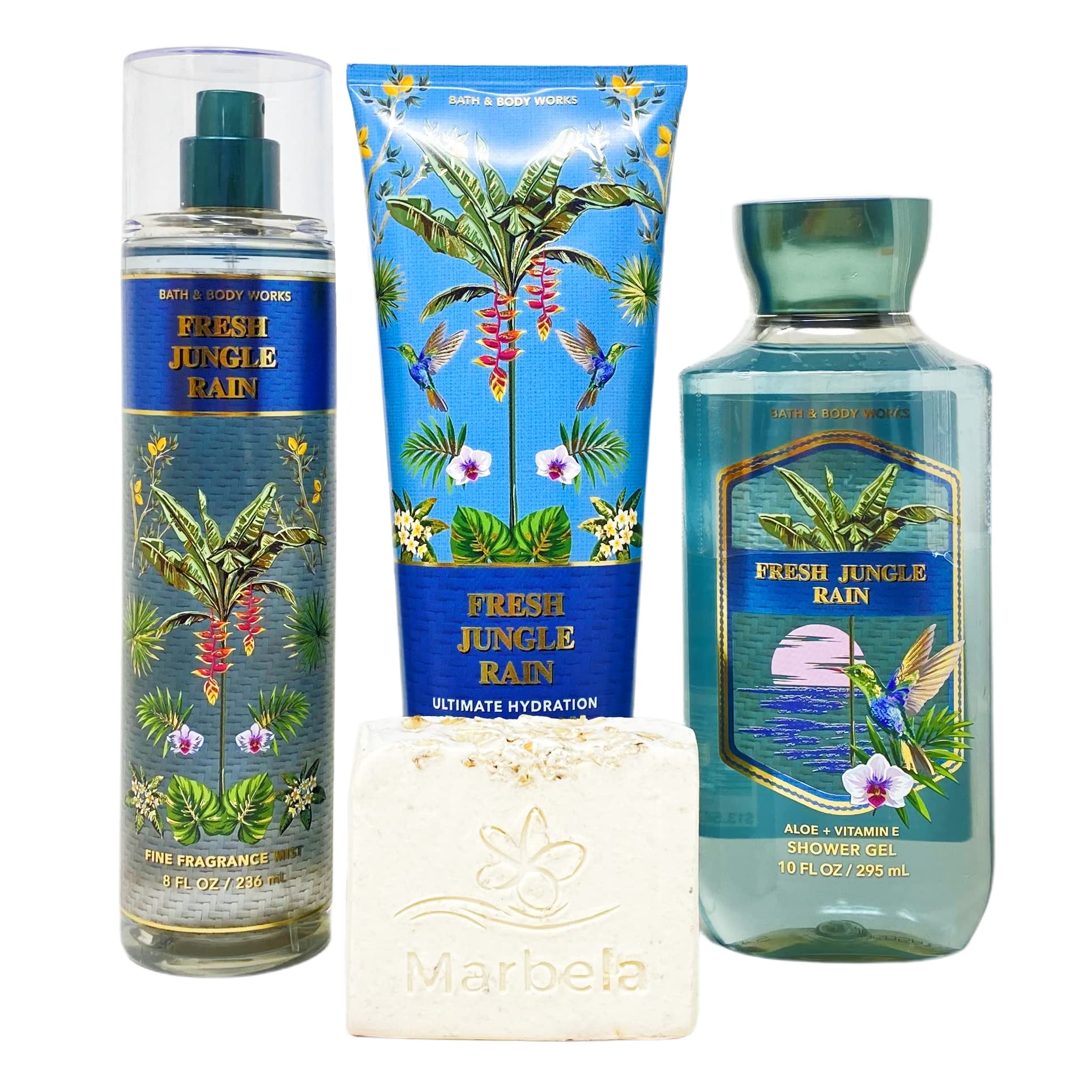 Bath & Body Works Fresh Jungle Rain 3-Piece Gift Set - Fragrance Mist, Shower Gel & Body Cream with Natural Oats Bar Soap | Full Size Tropical Scented Bath & Body Care Set for Women - Perfect for Gifts, Relaxation & Self-Care
