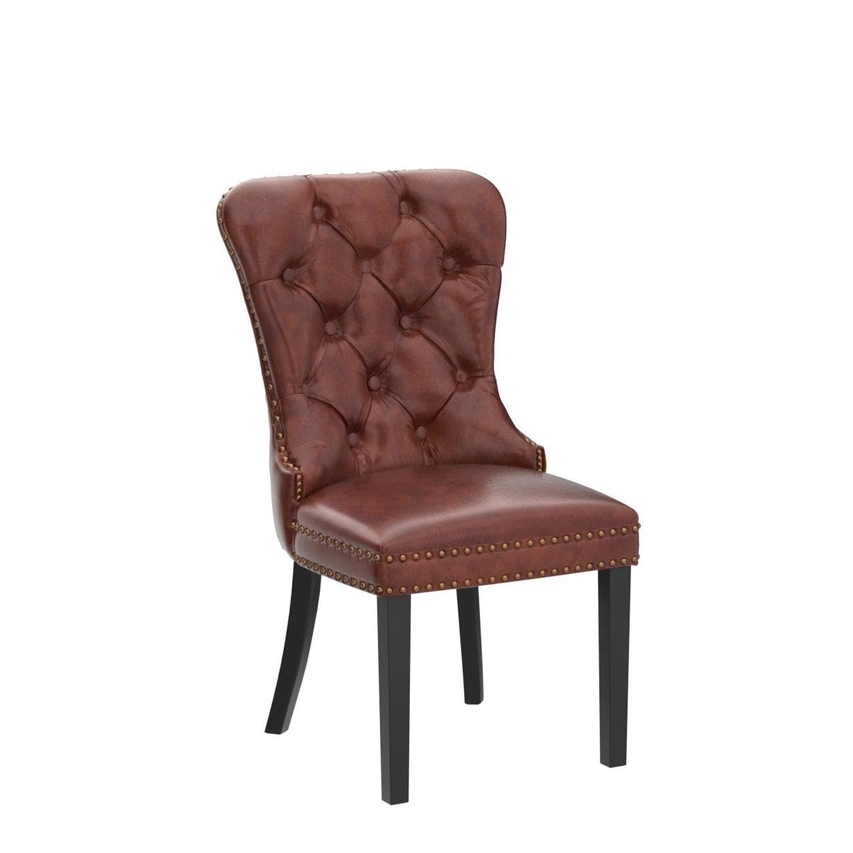 EALSON Mid Century Modern Dining Chairs Set of 2 - Brown Leather Upholstered Kitchen Side Chairs with Wood Legs & Nail Head Trim - Tufted Backrest for Dining Room, Living Room, Kitchen & Home Office Decor