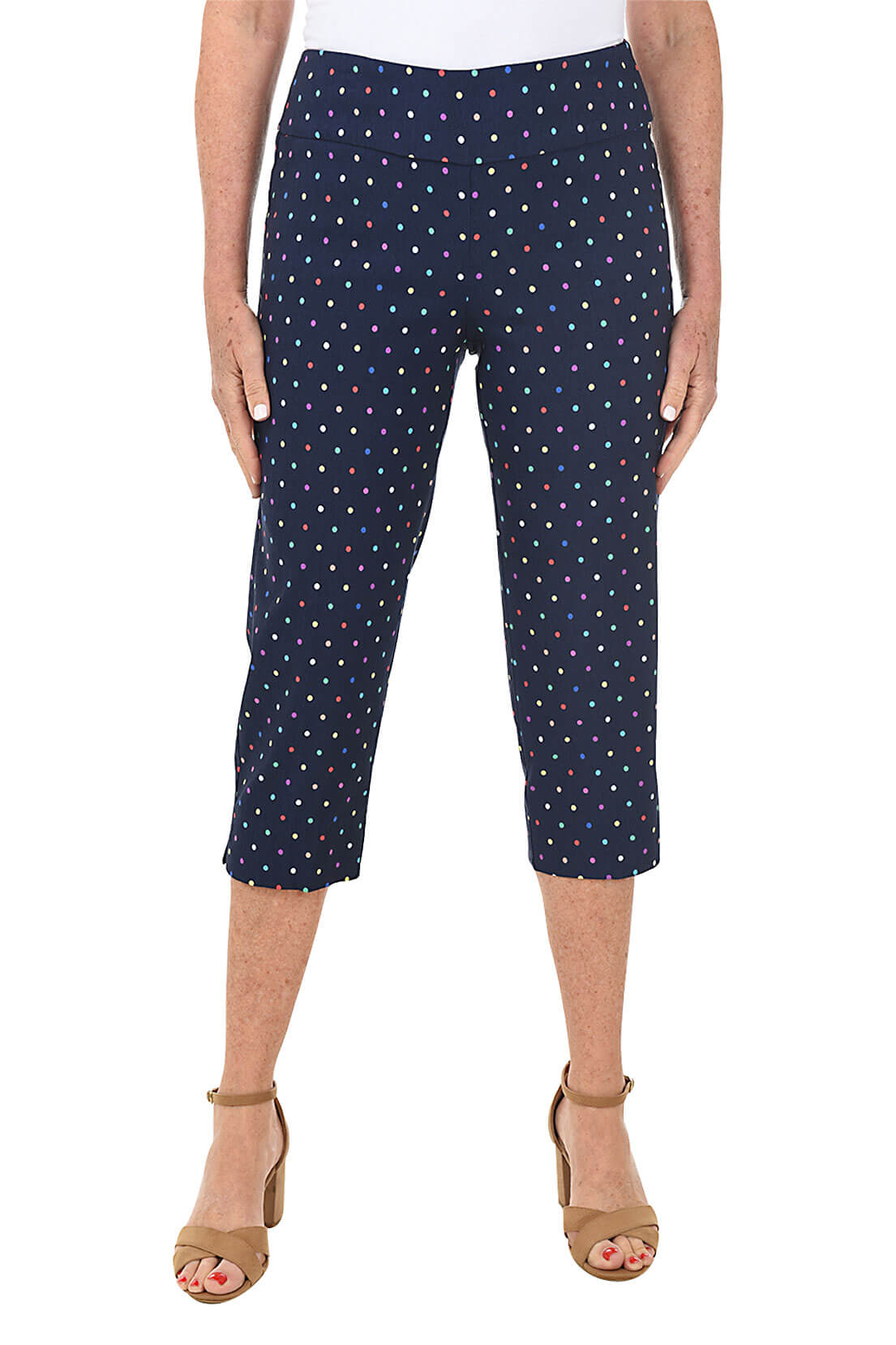 Navy Blue Rainbow Dot Print High Waisted Pull-On Crop Pants for Women - Comfortable Stretchy Lounge Pants for Yoga, Workout & Casual Wear