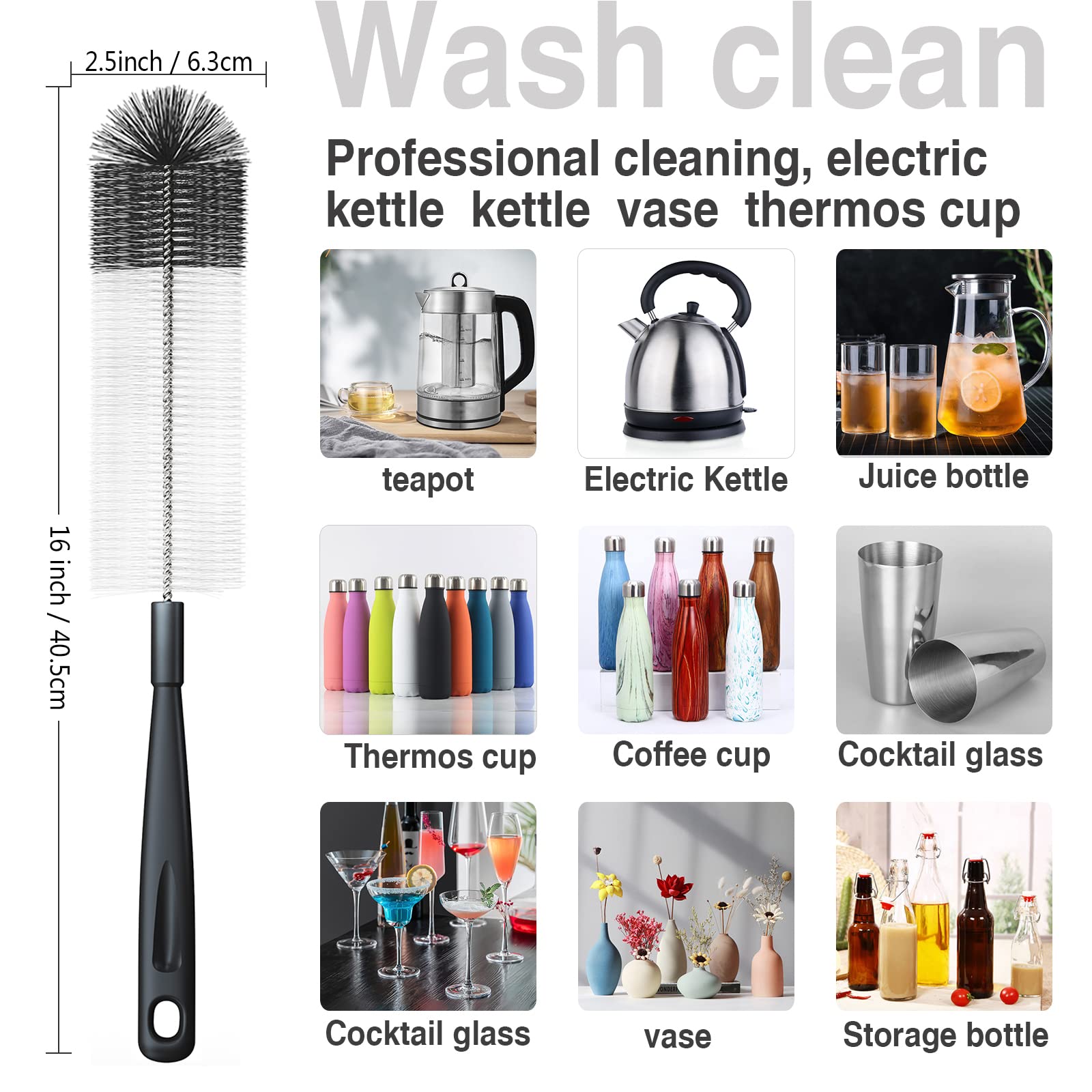 5-Pack Multipurpose Bottle Cleaning Brushes Set - Long Handle Brush for Wine, Beer, Thermos, S'Well & Sports Water Bottles - Includes Kettle Spout Brush and Straw Cleaner (Black) - Perfect for Home, Kitchen, Camping and Office Use