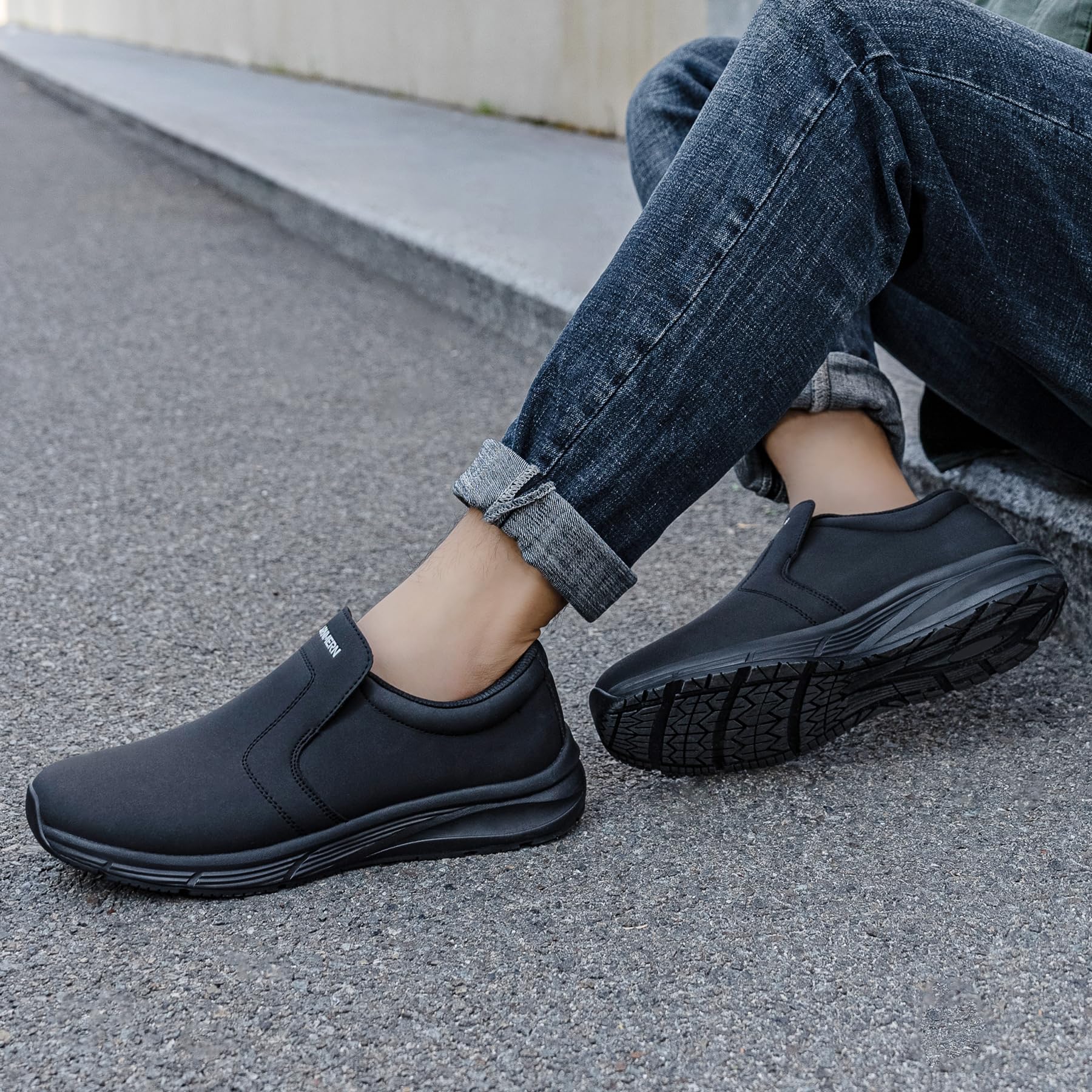 **LARN SAFETY Men's Non-Slip Work Shoes - Waterproof Slip-Resistant Kitchen Chef Shoes for Restaurant, Hospital & Food Service - Comfortable Slip-On Black Work Footwear for Professionals**    *(Use Scenarios: Ideal for chefs, restaurant staff, hospital workers, and food service professionals needing durable, slip-resistant footwear for wet and busy environments.)*