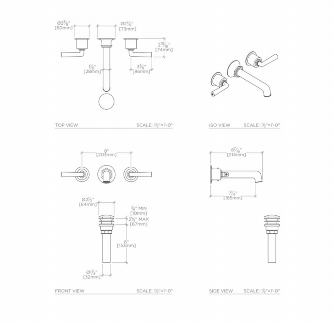 Henry Wall Mounted Lavatory Faucet in Nickel Finish - Modern Water-Saving Bathroom Sink Faucet for Powder Room, Guest Bath & Small Spaces