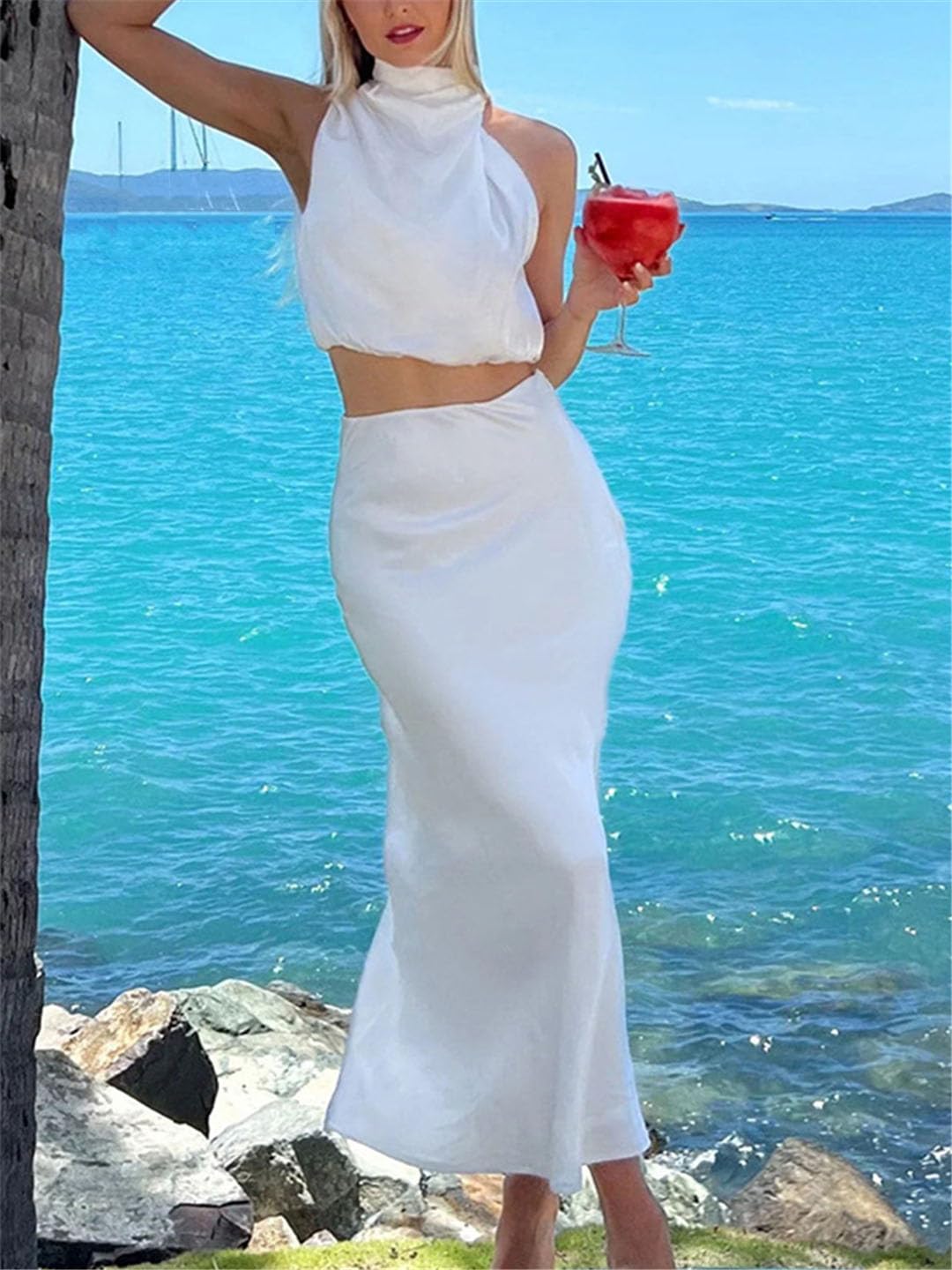 Women's Two Piece Skirts Set - Silk Pleated Collar Sleeveless Top & Ankle Length Skirt Outfit | Perfect for Summer, Office Wear & Special Occasions
