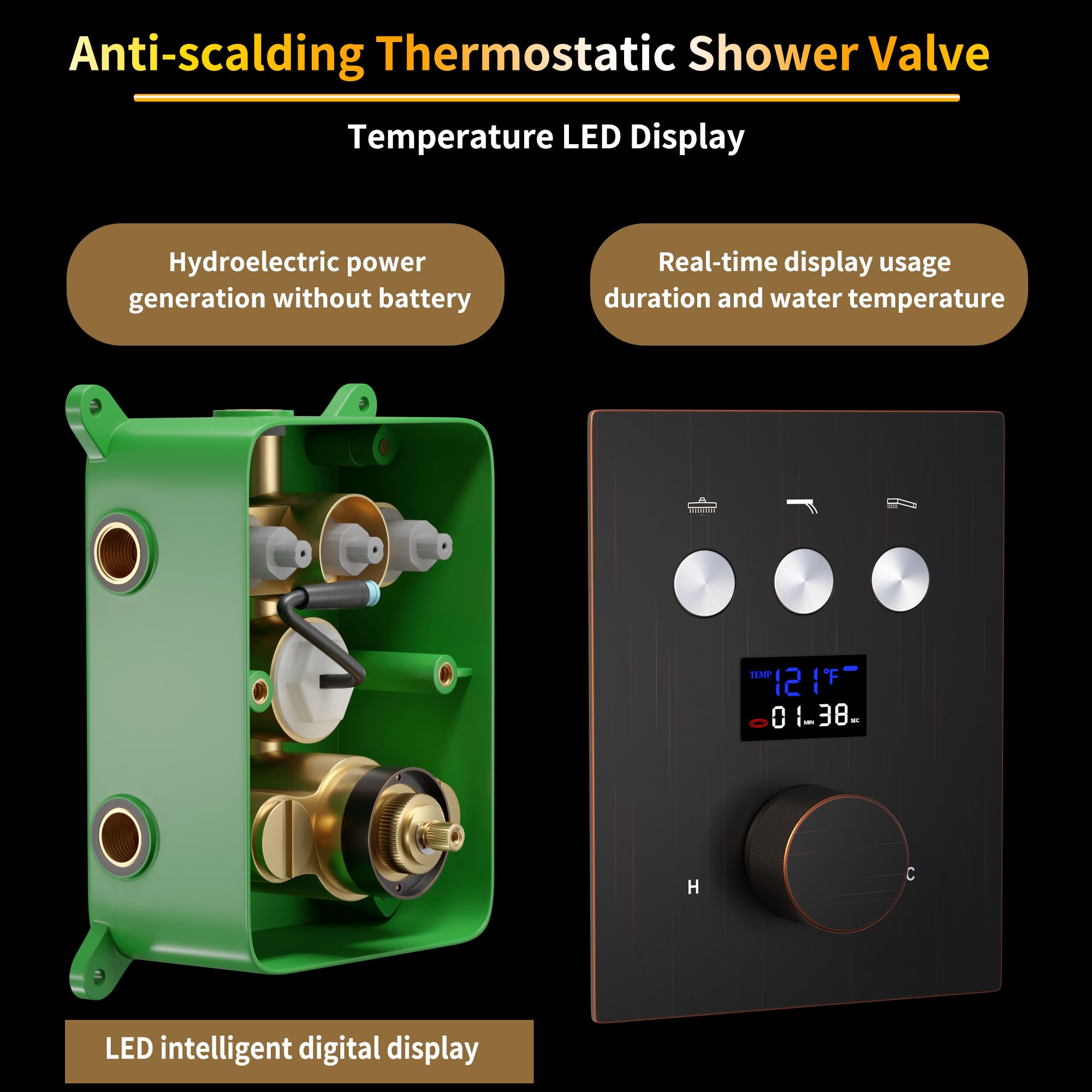 AYIVG Oil Rubbed Bronze 3-Way Thermostatic Shower Diverter Valve with Temperature Display - Concealed Flow Control for Bathroom Shower System (Can Run Multiple Fixtures Simultaneously) - Perfect for Modern Bathroom Renovations and Luxury Shower Installations
