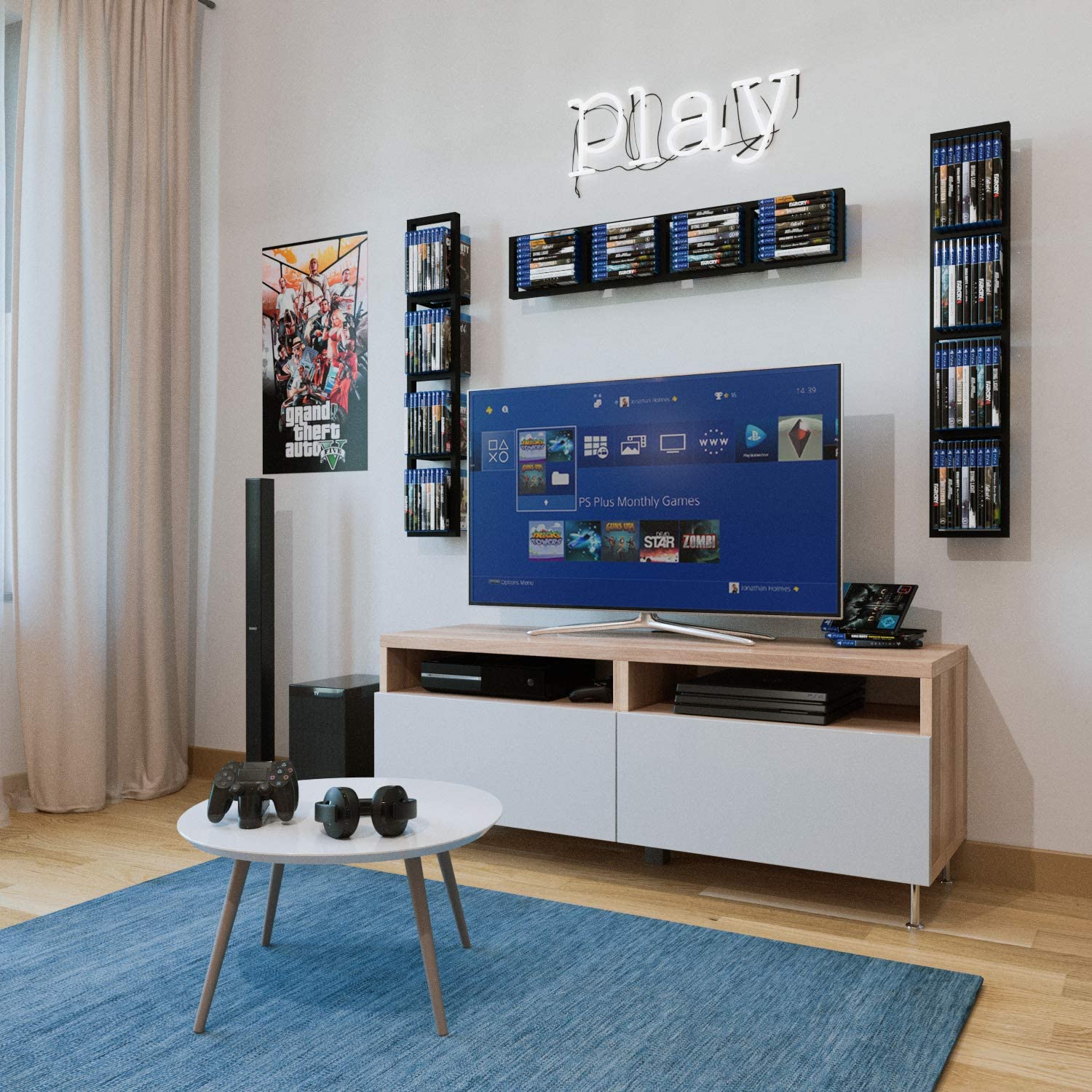 34 Inch Wall Mount Media Storage Rack - Set of 2 Black Metal Floating Shelves for CD DVD Organizer | Perfect for Living Room, Bedroom & Home Theater Organization
