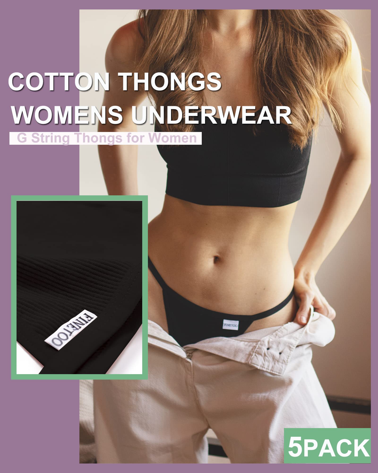 FINETOO 10 Pack Women's Cotton G-String Thongs - Stretch T-Back Tangas, Low Rise Hipster Underwear (S-XL) - Perfect for Daily Wear, Date Nights & Special Occasions