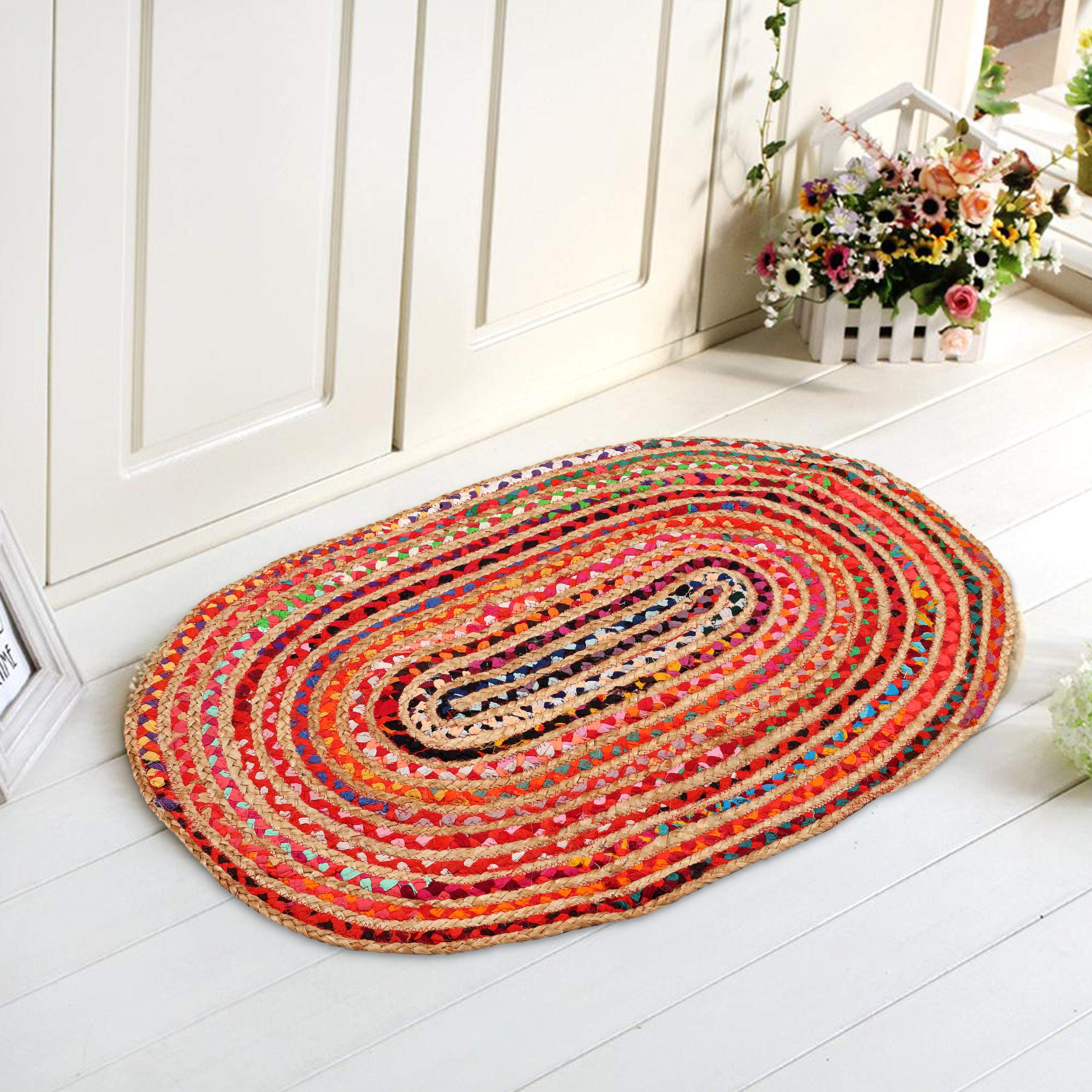 Handmade Jute & Chindi Braided Oval Rug - Reversible, Durable & Eco-Friendly - 24x36 Inch Multi-Color Floor Mat for Bedroom, Kitchen & Living Room - Perfect as Shag Rug, Sustainable Home Decor