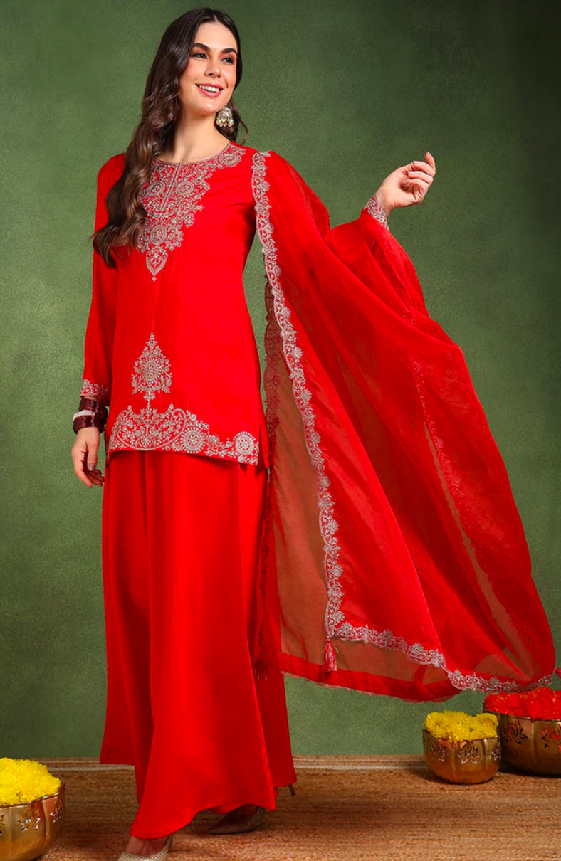 Elegant Red Silk Blend Embroidered Kurta Set for Women | Traditional Indian Ethnic Wear | Perfect for Festivals, Weddings & Special Occasions